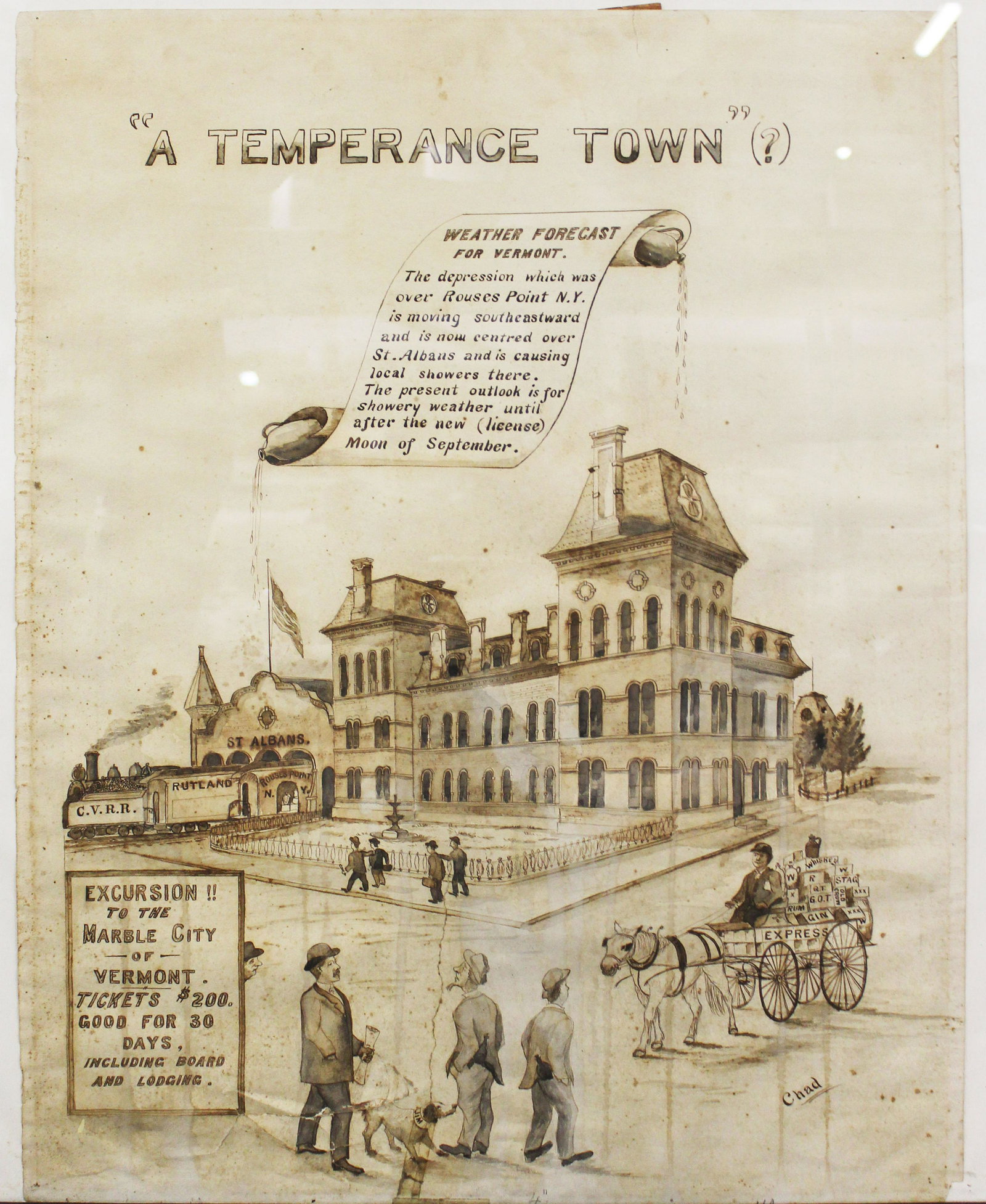 St Albans VT train station Temperance cartoon: early 20th c hand drawn St Albans, VT train station A Temperance Town? cartoon, refers to a trainload of liquor working its way from Canada through Rouse's Pont, NY to St Albans on its way to the Marb