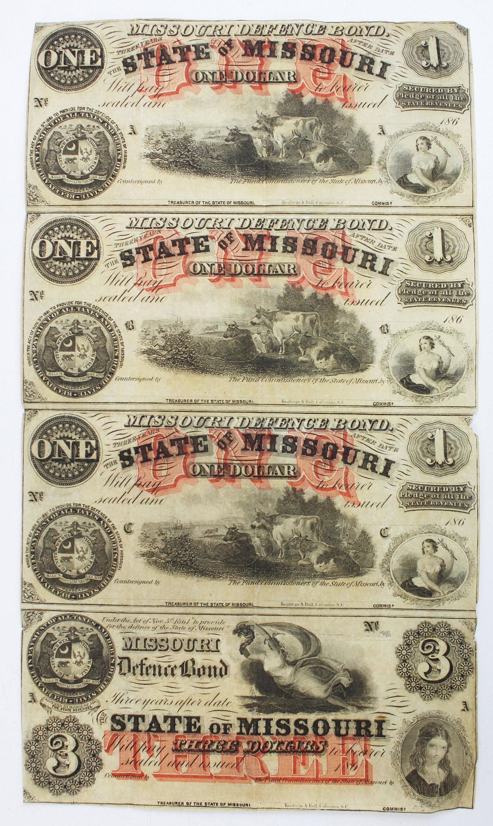 1860's Missouri Defense Bond uncut notes: 1860's Missouri Defense Bond uncut notes (three $1 and a $3), un-issued, unassigned broken banknotes, obsolete currency, 12 1/2" x 7"