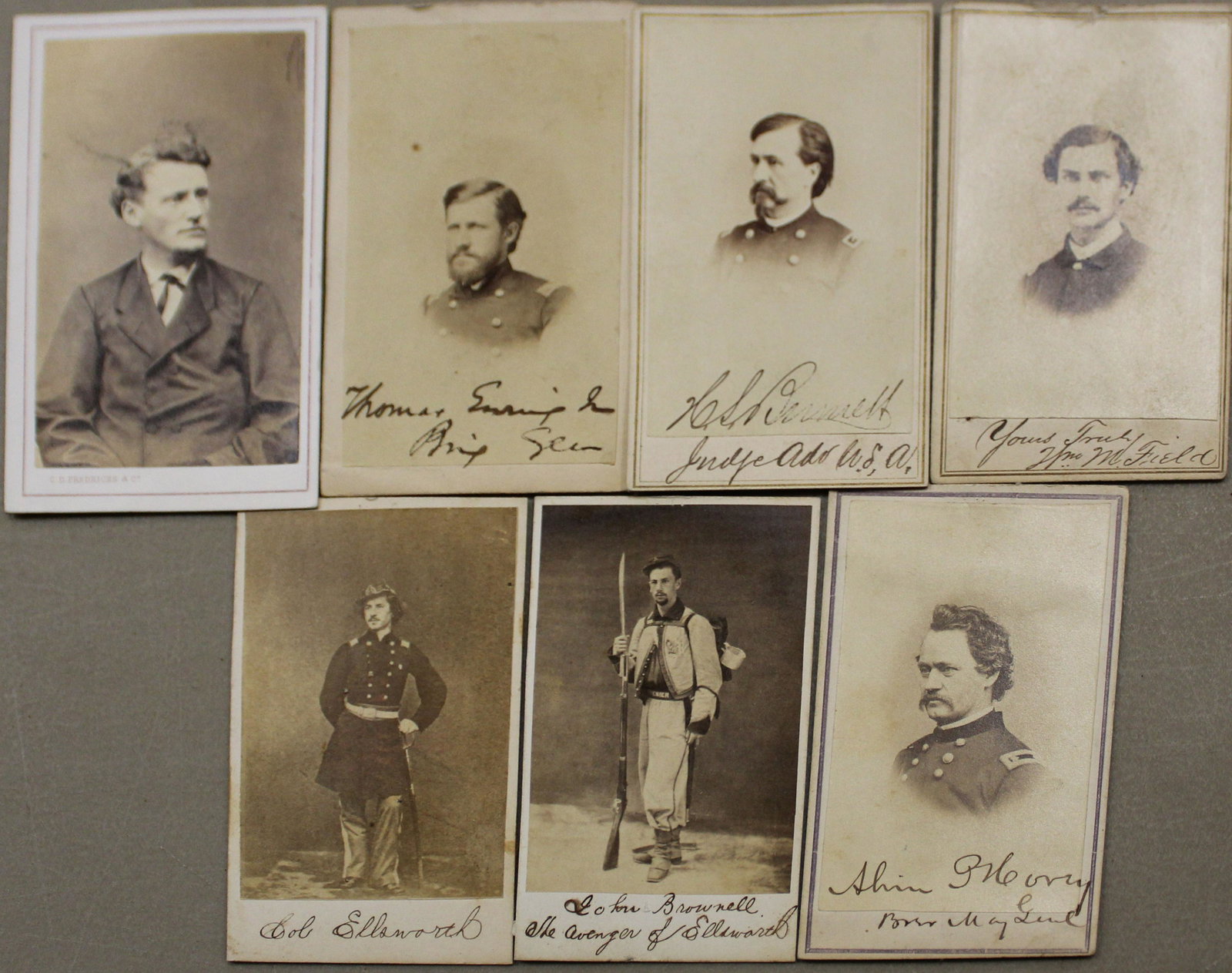 Seven Autographed CDVs: Seven Autographed 1860's Carte De Visite images autographed or otherwise identified- Col. Elsworth, John Brownell Avenger of Ellsworth, Alvin Morey, William M. Field, WS Burnell Judge Advocat USA, Tho