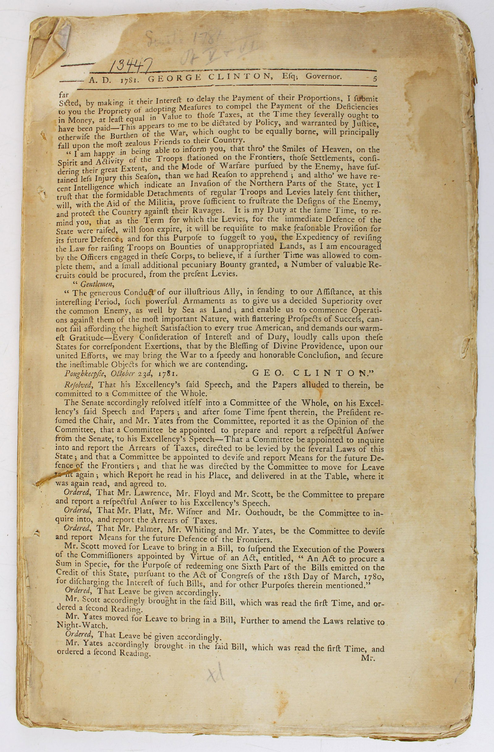 1781 Journal of the New York Senate: 1781- 1782 Journal of the New York Senate, George Clinton Governor- incomplete, lacks title page, pgs 1-4, pgs 93- end