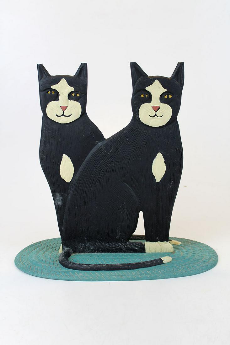 Stephen Huneck (VT 1948-2010): Stephen Huneck (Vermont 1948-2010) Two Cats cast metal doorstop dated 1989 17 x 17 x 9" signed and dated in the mold