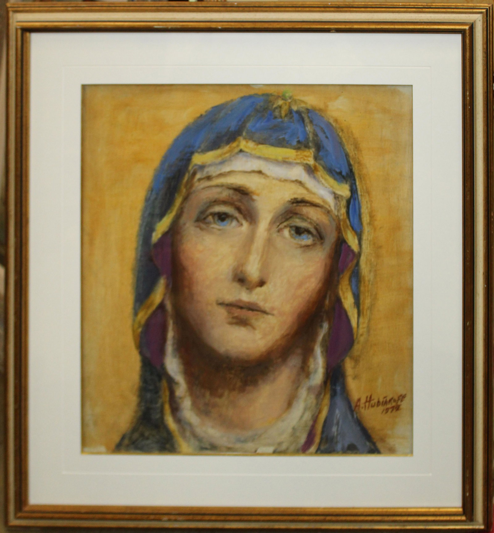 A Hubiakoff (20th c) Madonna: A Hubiakoff ( 20th c ) Madonna signed lower right dated 1972, in the manner of Andrei Hudiakoff (Russian/American 1896-1985) oil on canvas on board 20 x 18"