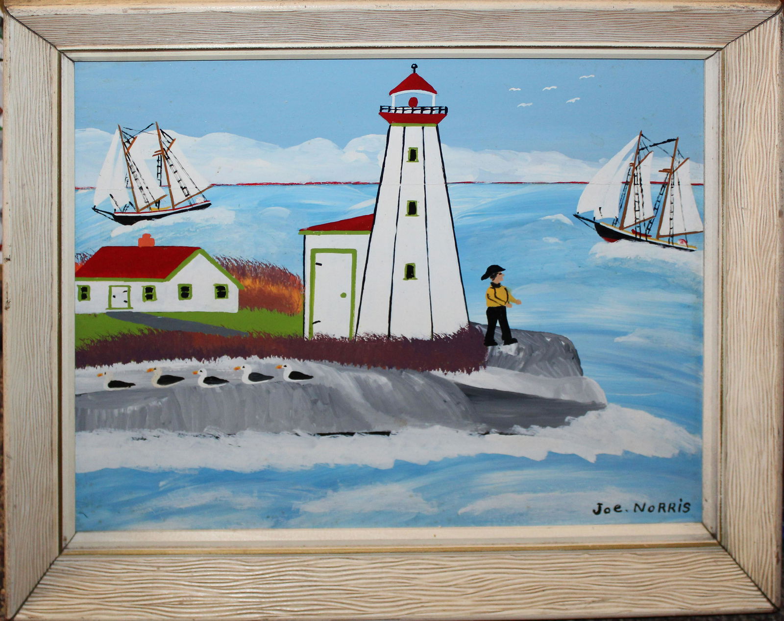 Joe Norris (CA 1925-1996) Lighthouse: Joe Norris (Canadian 1925-1996) Lighthouse - oil on panel. Norris is a prominent outsider/Folk artist from Nova Scotia specializing in idealized depictions of maritime life. 12 x 16"