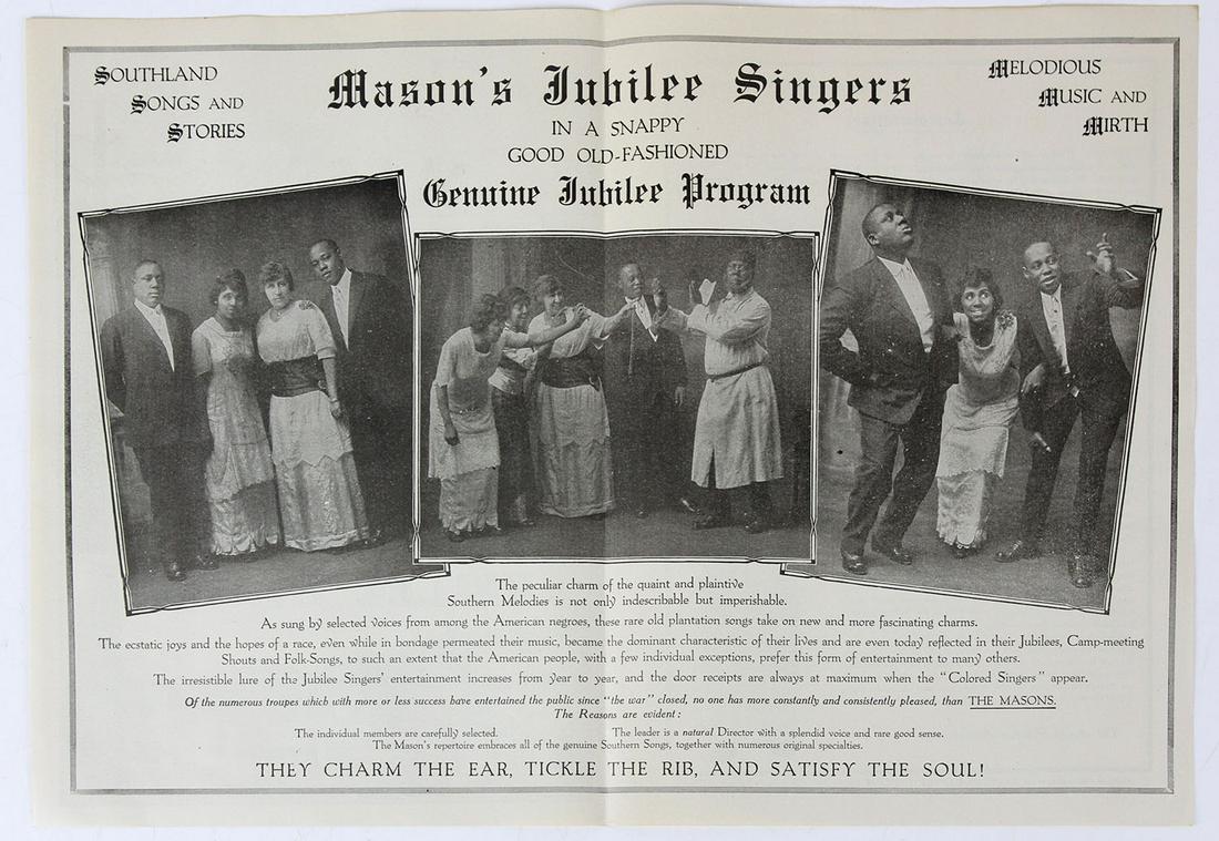Mason's Jubilee Singers Theatrical brochure: scarce ca 1916 Mason's Jubilee Singers Theatrical promotional brochure (includes Vermont references), sold with other Theatrical brochures (7 pcs)