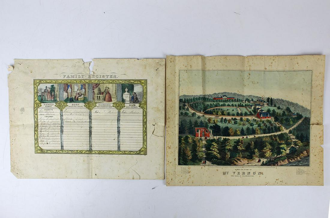 John Sherburne Glover, VT family record: 1863 hand written family record of John Sherburne (Jr) and his wife Maria Flint Sherburne of Glover VT (see Findagrave for photo & additional information), printed by Baillie, NY, tears, minor losses,