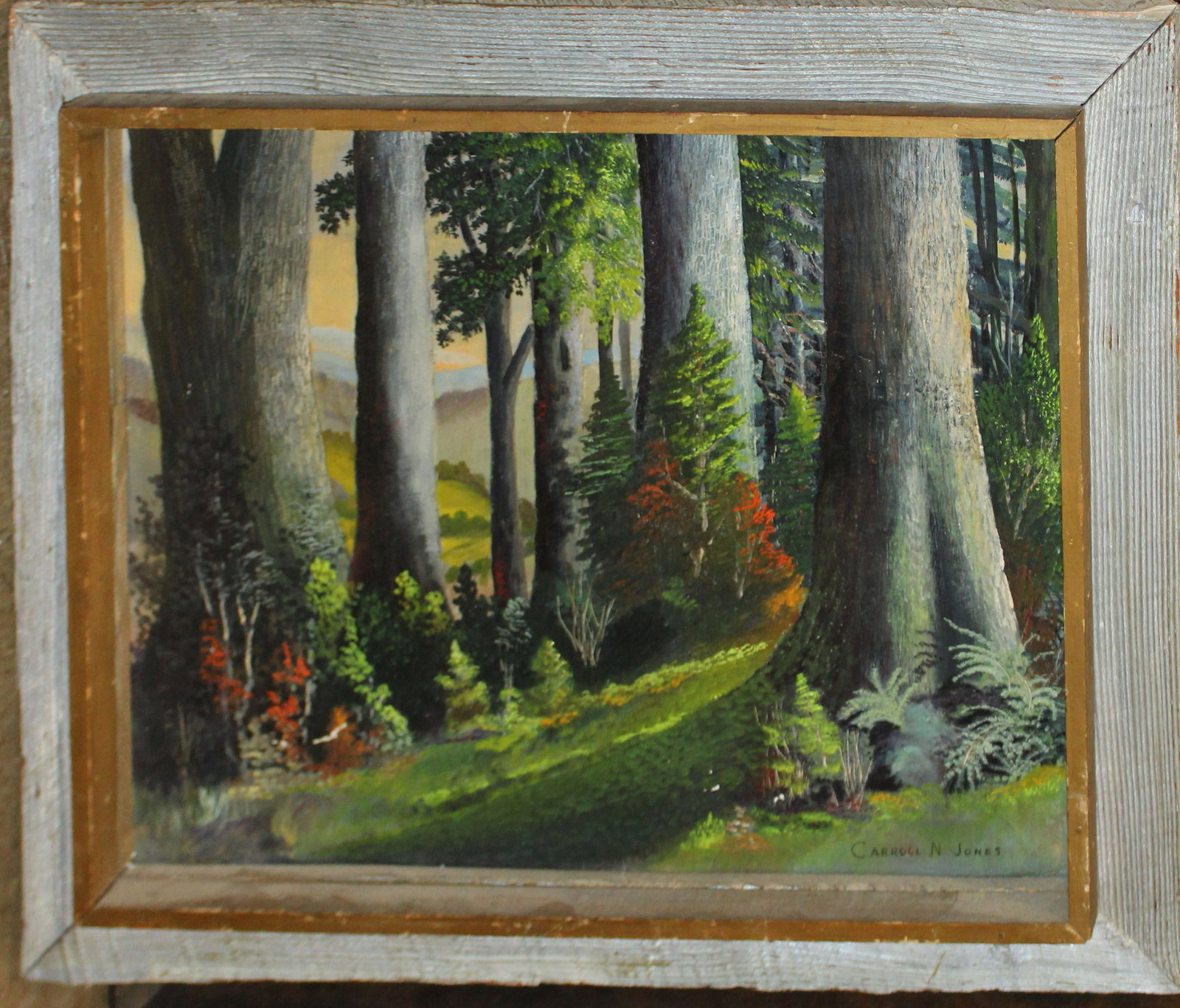 Carroll N Jones Jr (AM 1917-2007): Carroll N Jones Jr. (American 1917-2007) Forest landscape Tempera on masonite signed lower right 15 x 20"