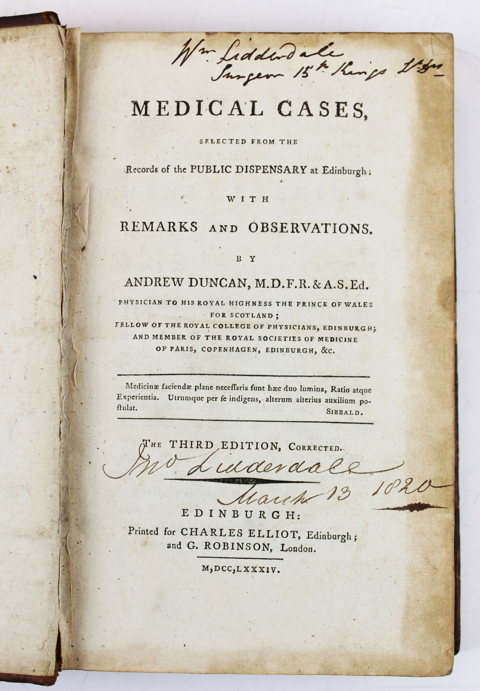 1784 Andrew Duncan Medical Cases: 1784 Andrew Duncan Medical Cases Selected from the Records of the Public Dispensary at Edinburgh, leather bound, frontice missing