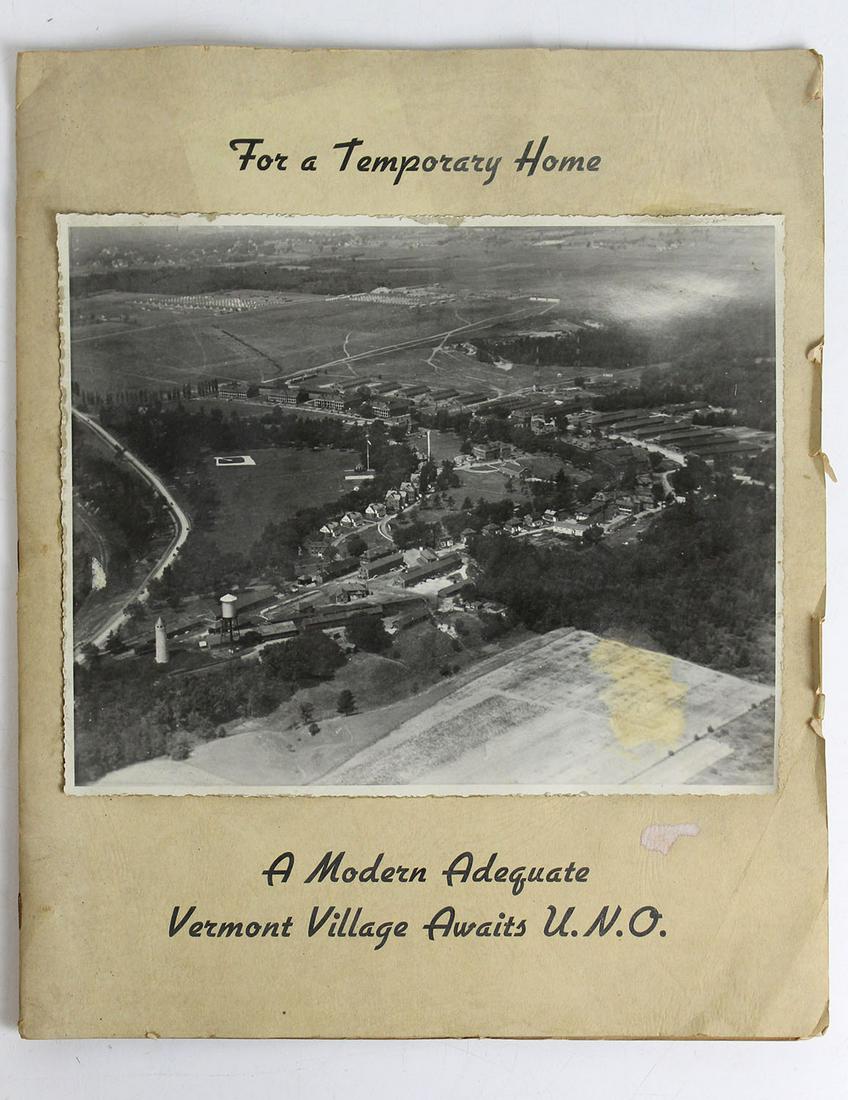 1946 Ft Ethan Allen proposal for United Nations: 1946 VT Adjutant General's Office proposal for United Nations use of Ft Ethan Allen in Colchester, VT, includes aerial photo of the Fort as well as the Airport in South Burlington