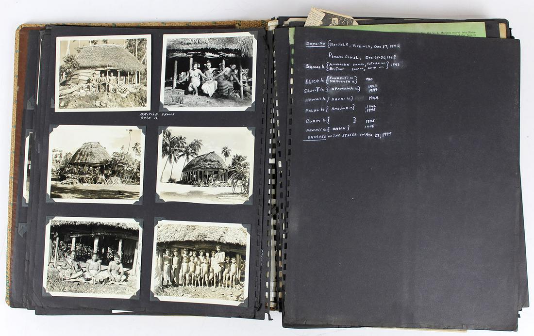 World War II Photo Album With Japanese Artifacts: A highly diverse World War II-era photo album assembled by one J.B. Boisseau, containing approx. 450 first and second-generation photographs, depicting subjects as diverse as happy Hawaiian and Samoan