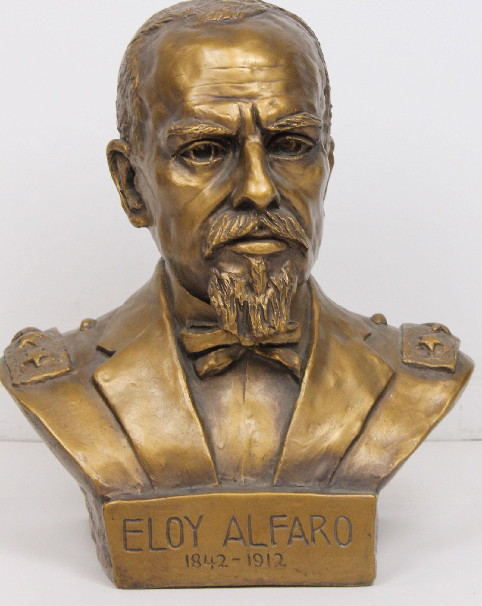 Gilt plaster bust of Eloy Alfaro: Gilt plaster bust of Eloy Alfaro (1842-1912) 18"h. JosÃ© Eloy Alfaro Delgado (June 25, 1842 â€“ January 28, 1912) was an Ecuadorian politician who served as the President of Ecuador from 1895 t