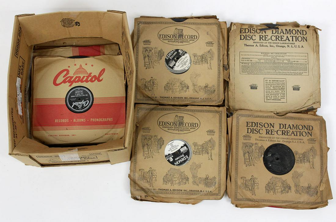 Edison Diamond Disc and other 78 rpm records: box of Edison Diamond Disc records and other 78 rpm records, many in original paper jackets