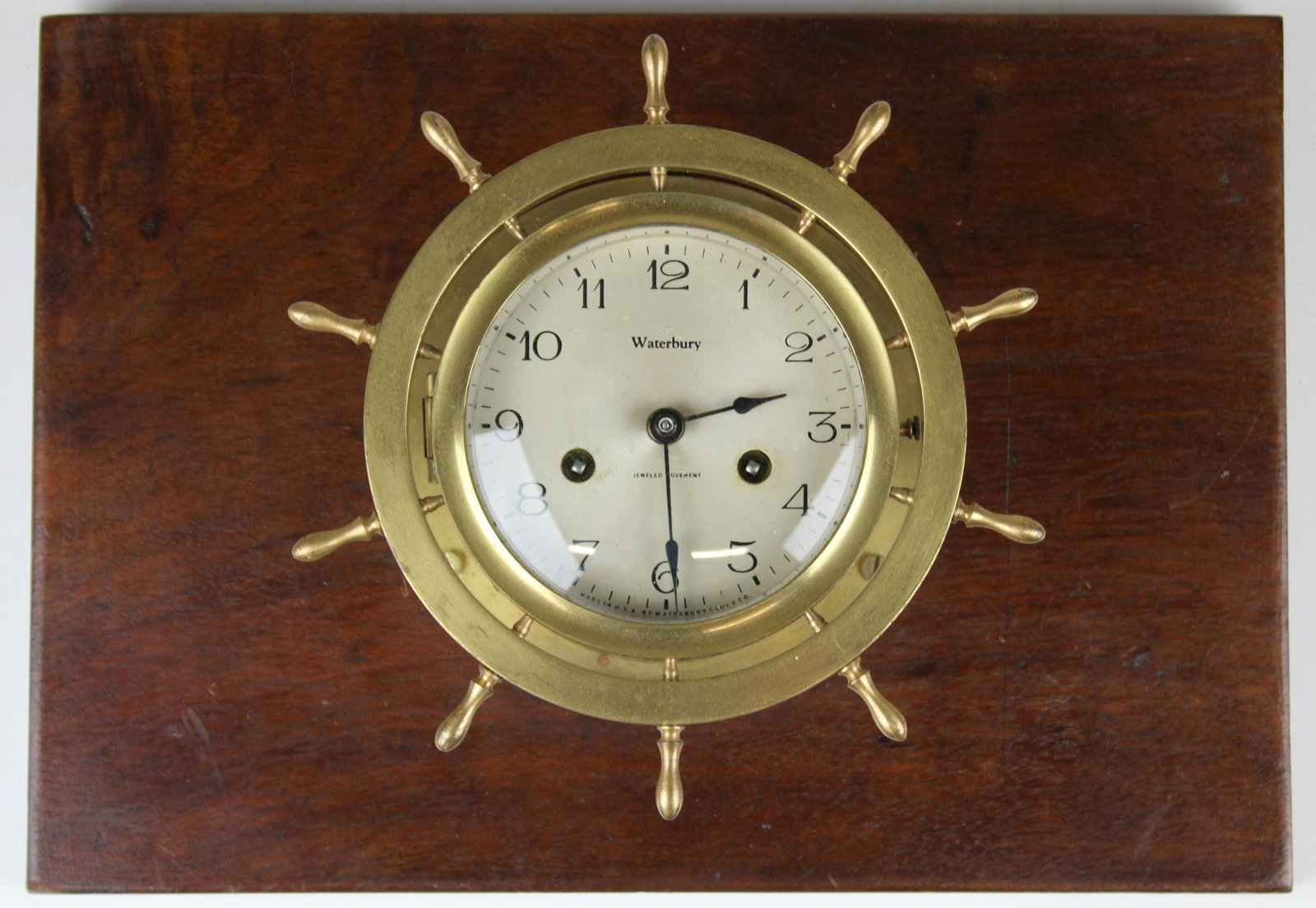 Waterbury brass ship's wheel ship's clock: Waterbury brass ship's wheel ship's clock, diameter 8"
