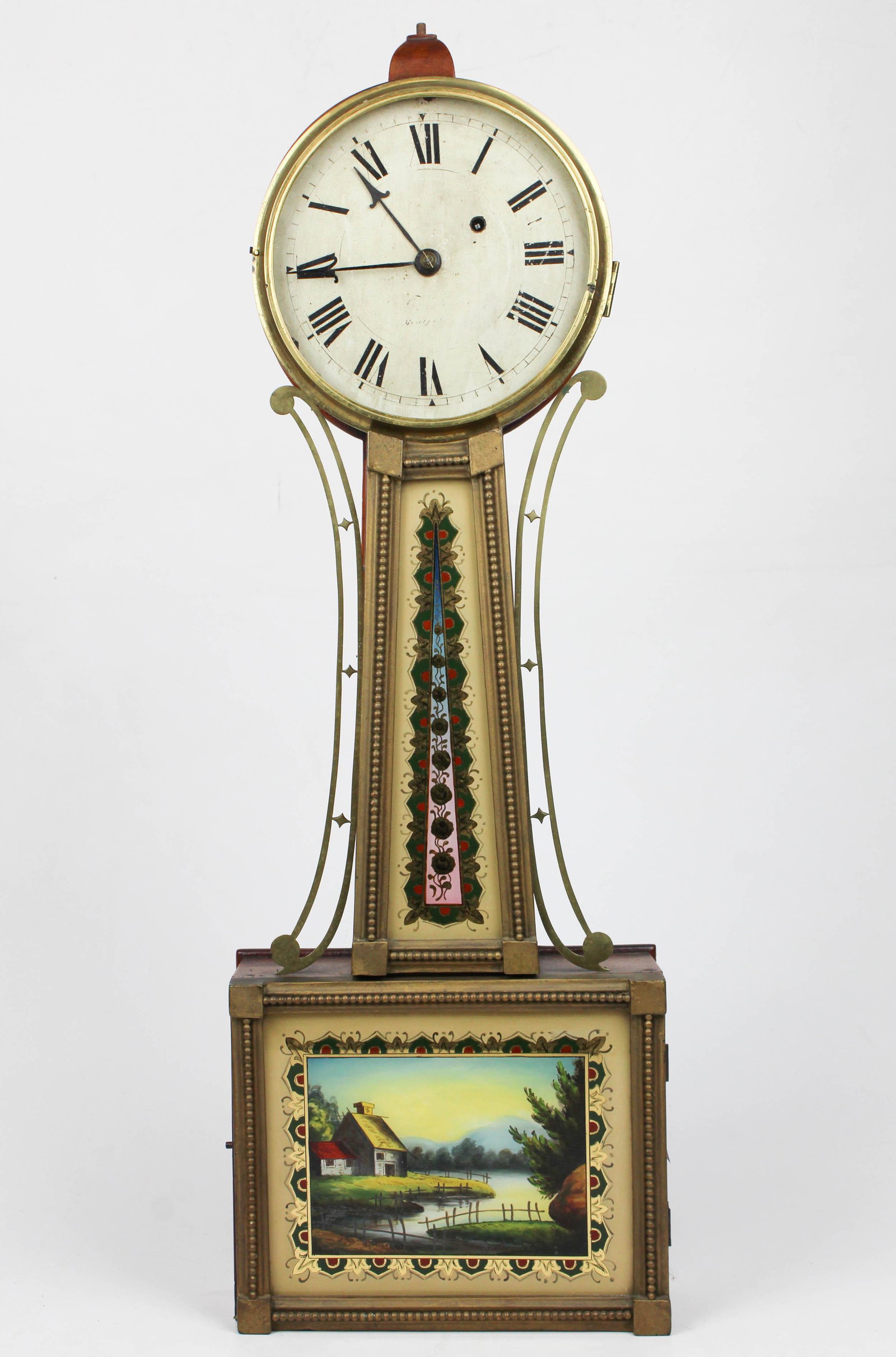 1831 Abbott, Montpelier, VT Banjo Clock: 1831- 1832 Abbott & Freeman, Montpelier, VT banjo clock, names on dial worn, original lemon gilt finial lost, overall ht 30"