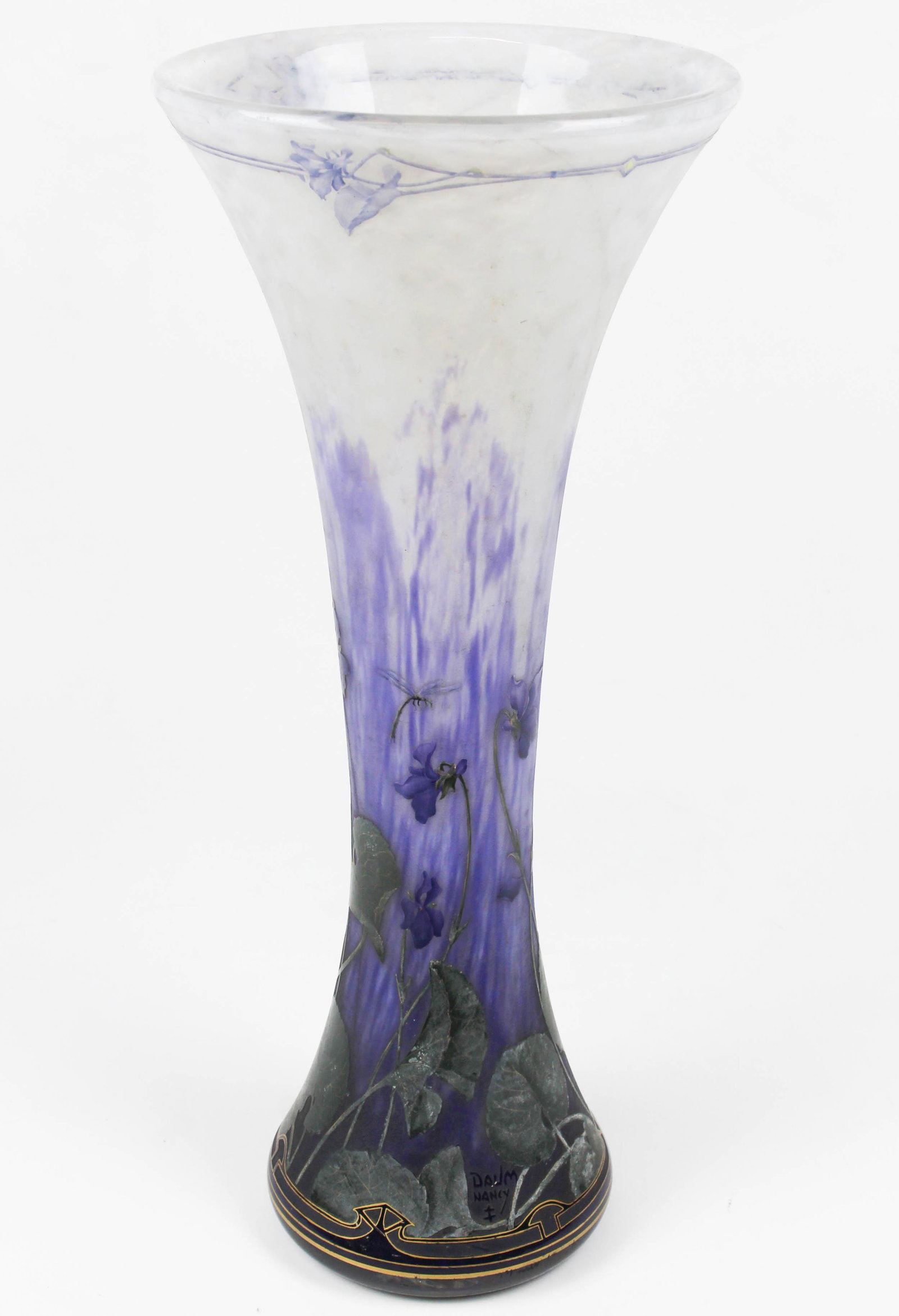 Monumental Daum Nancy French art glass vase: Monumental ca. 1890-96 signed Daum Nancy French acid etched art glass flared vase with gilt enamel violet decoration over mottled white and purple ground 19.75" x 8.5"