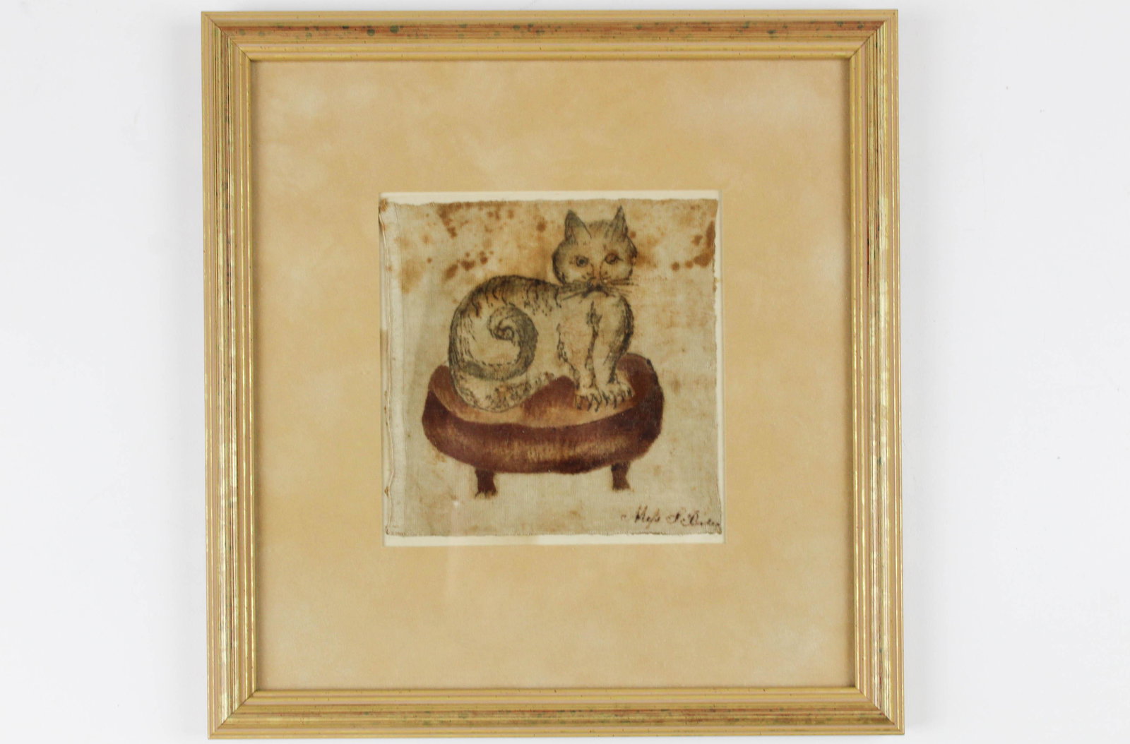 Ca 1805 Susan Badeau painting on velvet of cat: Ca 1805 Susan Badeau (1798- 1836) painting on velvet of a cat, old note on reverse, 4 3/4" x 4 3/4"