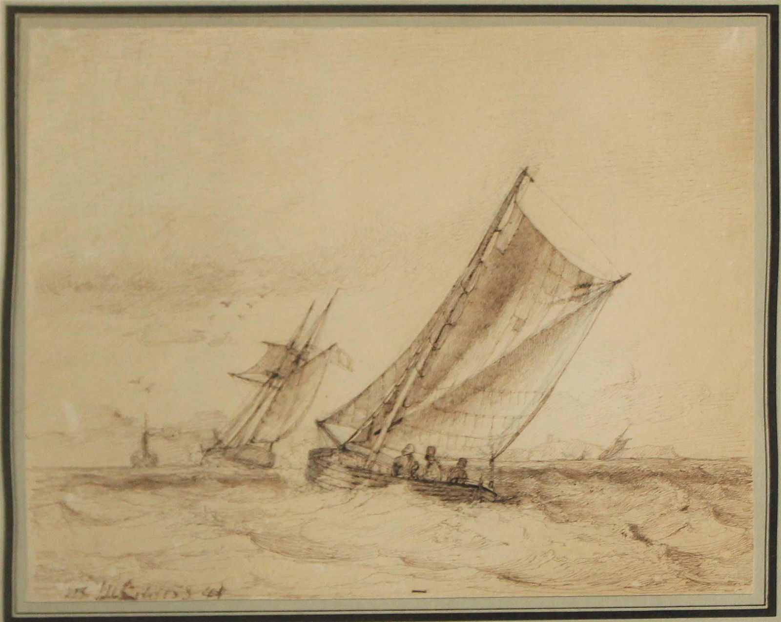 Carl Frederick Sorensen (DK 1818-1879): Carl Frederick Sorensen (Denmark 1818-1879) Ships at sail ink on paper signed lower margin identified reverse 7.5 x 9.5"