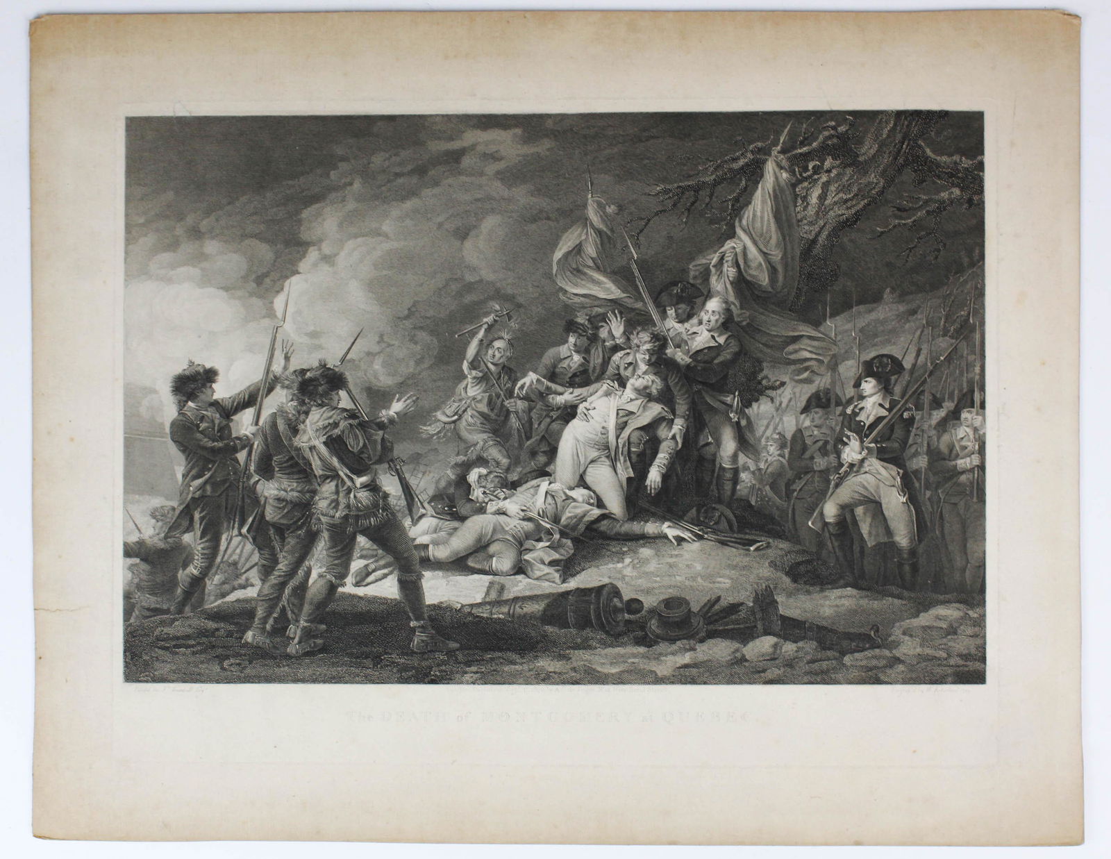 "The Death of Montgomery at Quebec", Engr., W.: Engraving "The Death of Montgomery at Quebec", by W. Ketterlinus after a painting by John Trumbull, published by A.C.de Poggi, London, 1800. 19" x 23.75". Laid down on heavy stock, shows a 1" tear at