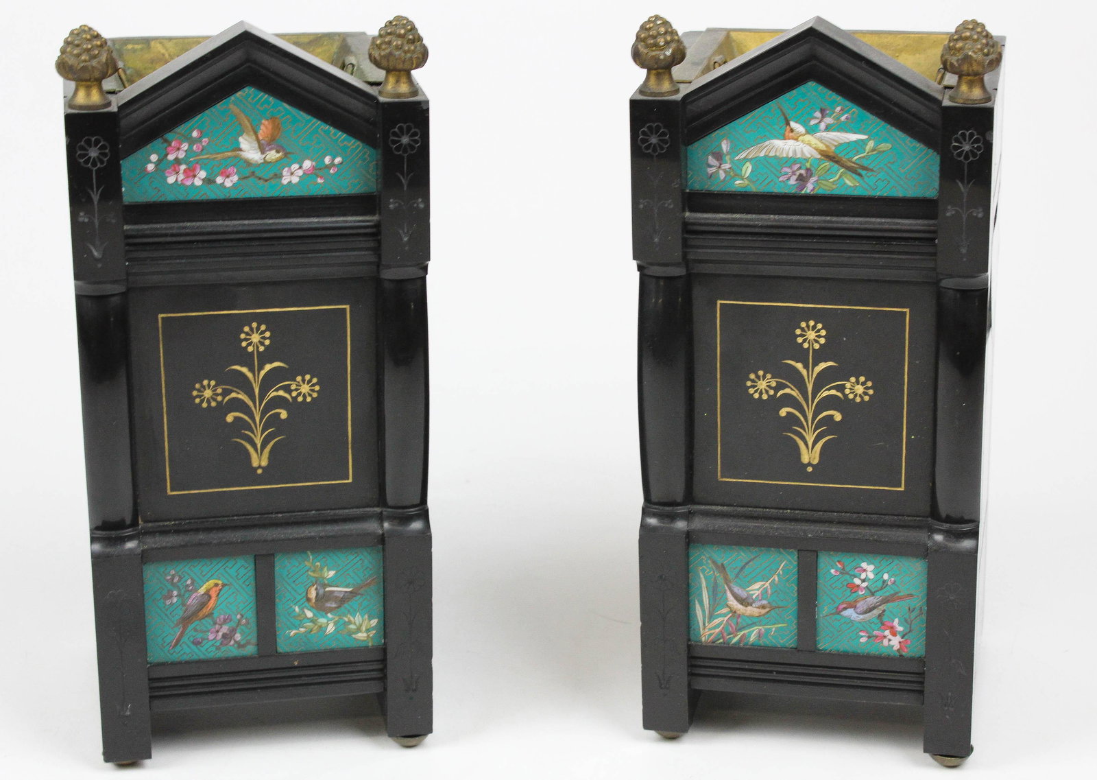 Pr of tile decorated garniture set urns: Pair of late 19th/ early 20th c English garniture set vases, with small decorative tiles inset, possibly Minton, brass liners, ht 9 3/4"