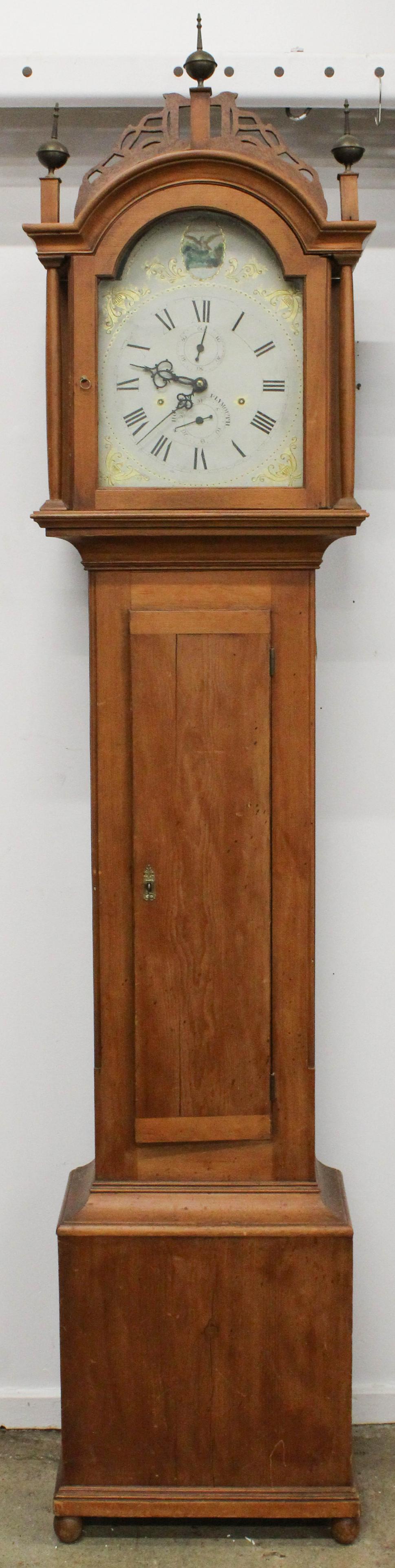 Silas Hoadley Plymouth CT pine tall case clock: Early 19th c. Silas Hoadley Plymouth, Conn. Wooden works pine tall case clock with original eagle hand painted dial having unusual calendar and second movement, 90" x 19" x 10"