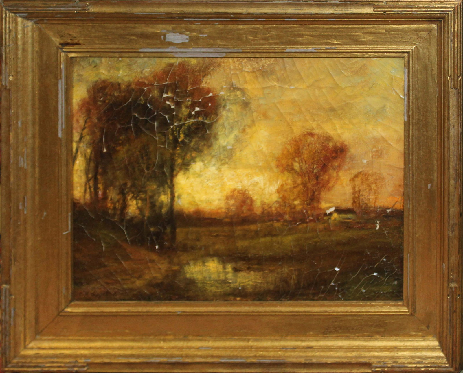 Charles P. Appel (AM 1857-1928) Sunset: Charles P. Appel (American 1857-1928) Sunset oil on canvas signed lower left- 12 x 16" significant craqueleur