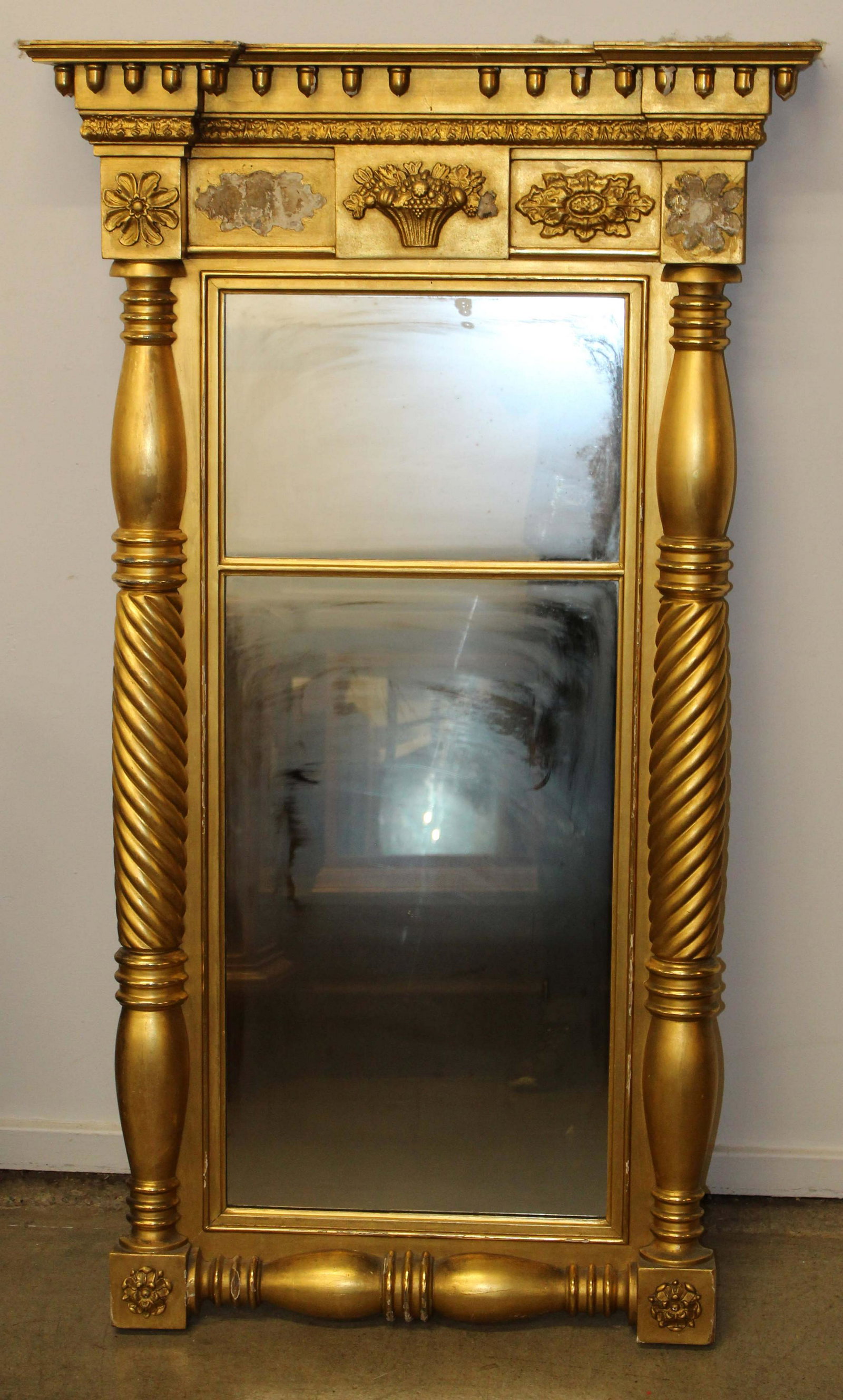 Federal lemon gilt pier mirror: Federal lemon gilt pier mirror, losses to applied decoration, ht 57"
