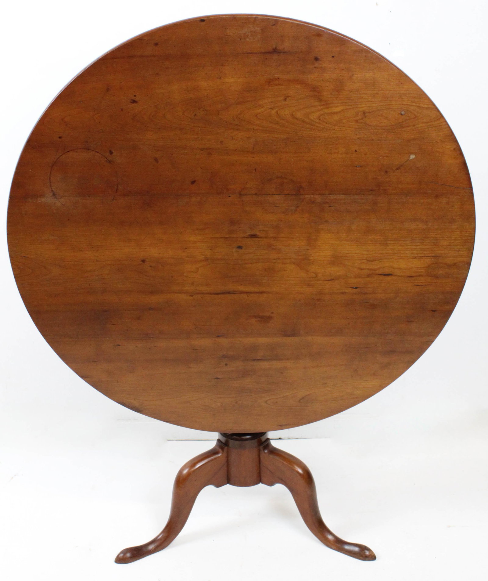 Queen Anne cherry snake leg tilt top tea table: Late 18th c. Queen Anne cherry snake leg tilt top tea table with vase form support column, refinished, restoration to hinge point 27" x 36"