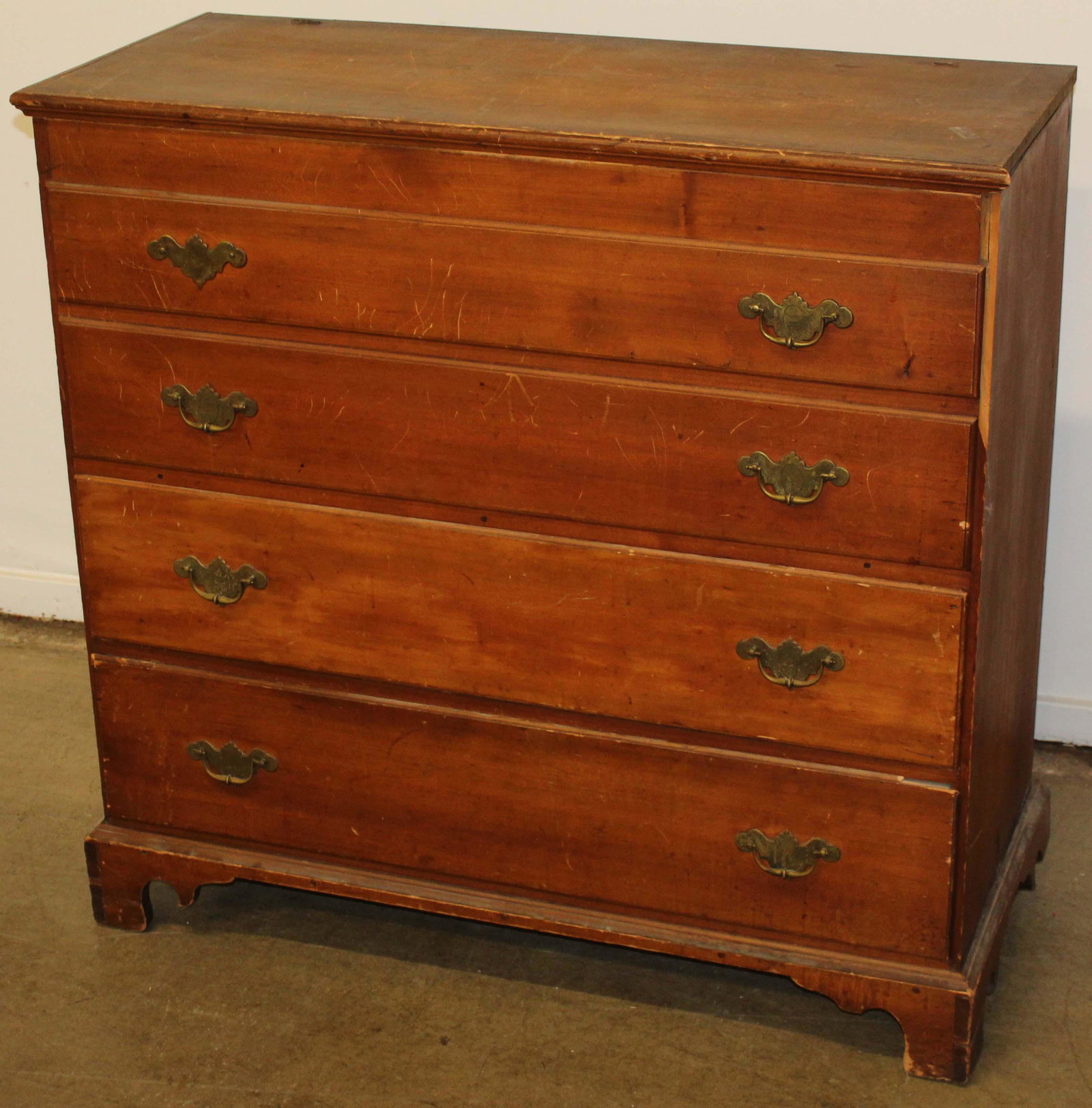 Chippendale 2 drawer blanket chest: Early 19th c. Chippendale 2 drawer lift top blanket chest with two false drawers over 2 real drawers on bracket base. -refinished, some losses to base, damage to one side edge, top trim missing 41" x 
