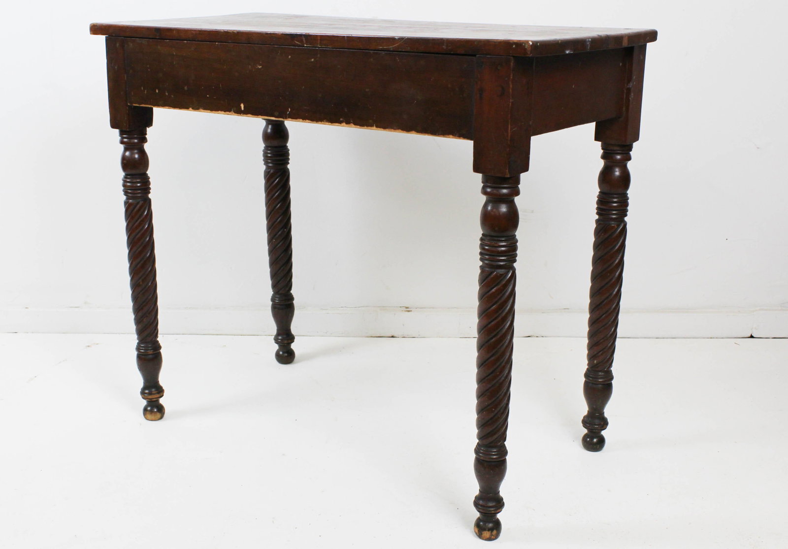 Sheraton cherry rope twist leg side table: 21st c. Sheraton cherry rope twist turned leg side table -with repairs and restorations 29" x 34" x 17"