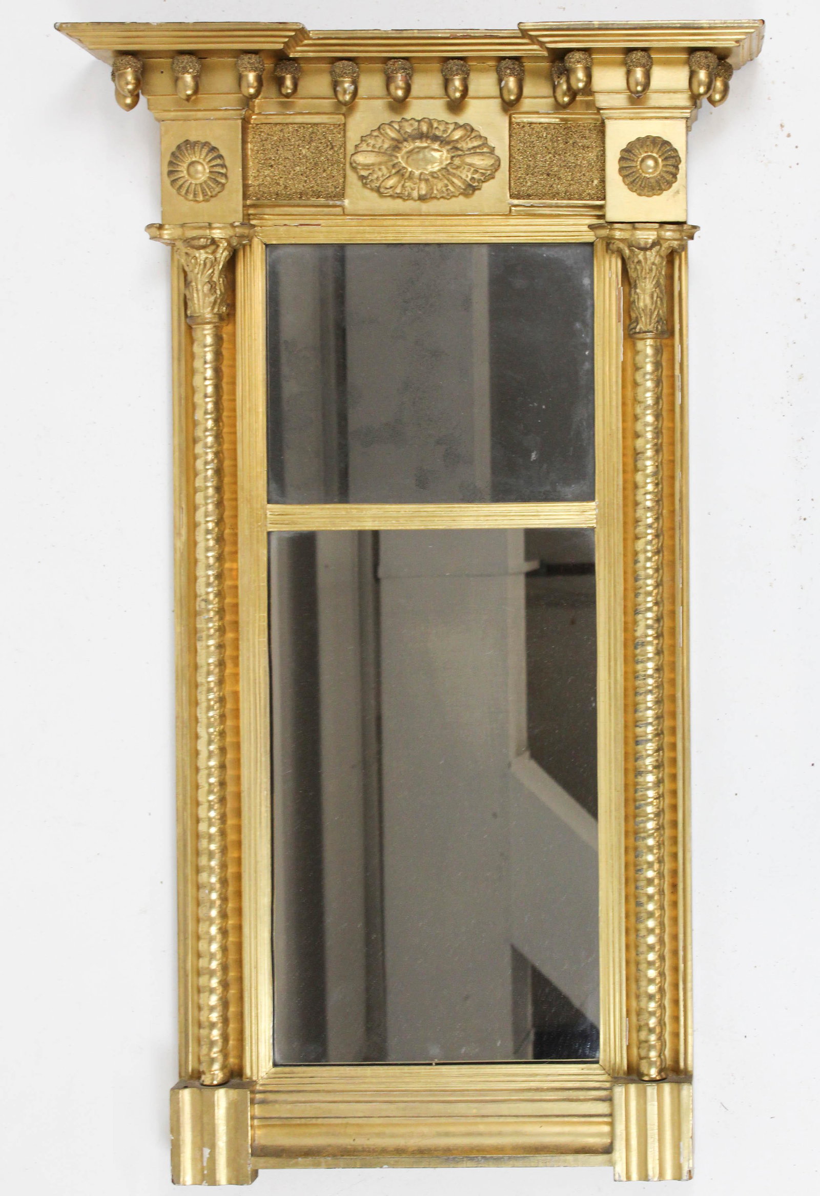 19th c Federal Split Panel Mirror: 19th c Federal split panel mirror, acorn finials, old lemon gilt surface, ht 35"