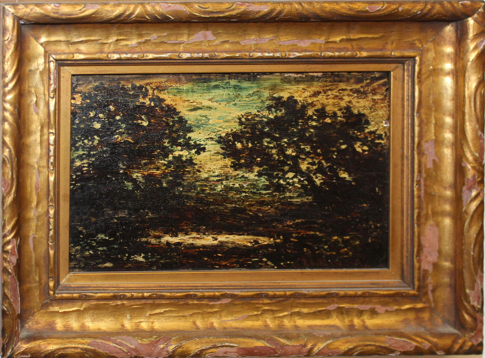 Ralph Albert Blakelock (AM 1847-1919): Ralph Albert Blakelock (American 1847-1919) Evening landscape signed lower margin retaining old Gallery and Auction Tags including Parke Bernet and Faragil Galleries NYC dated 1964. oil on panel 6 x 1