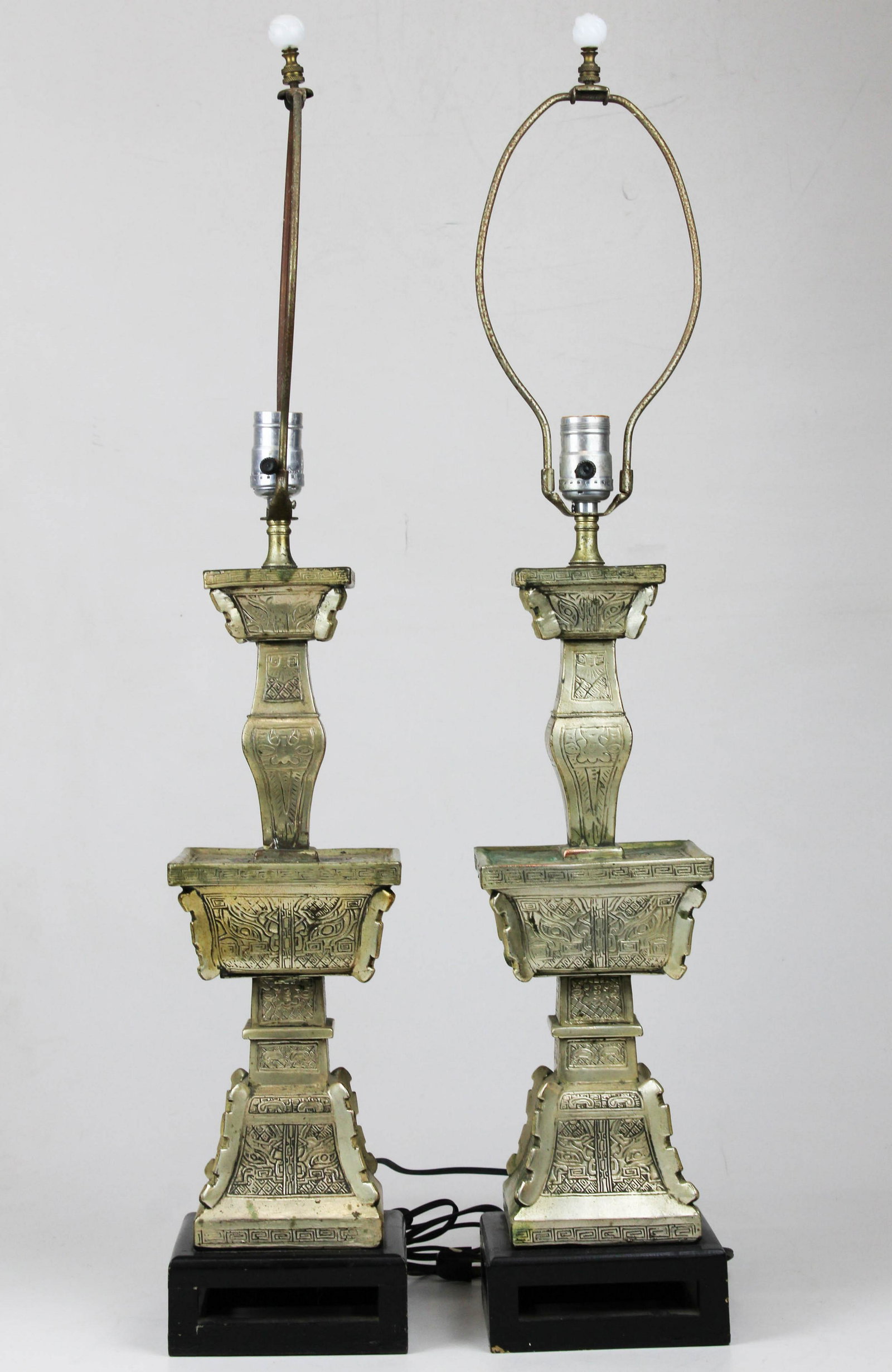 20th c Chinese Style Table Lamps: Pair of 20th c Chinese style table lamps in the manner of James Mont, overall ht 33 1/2"