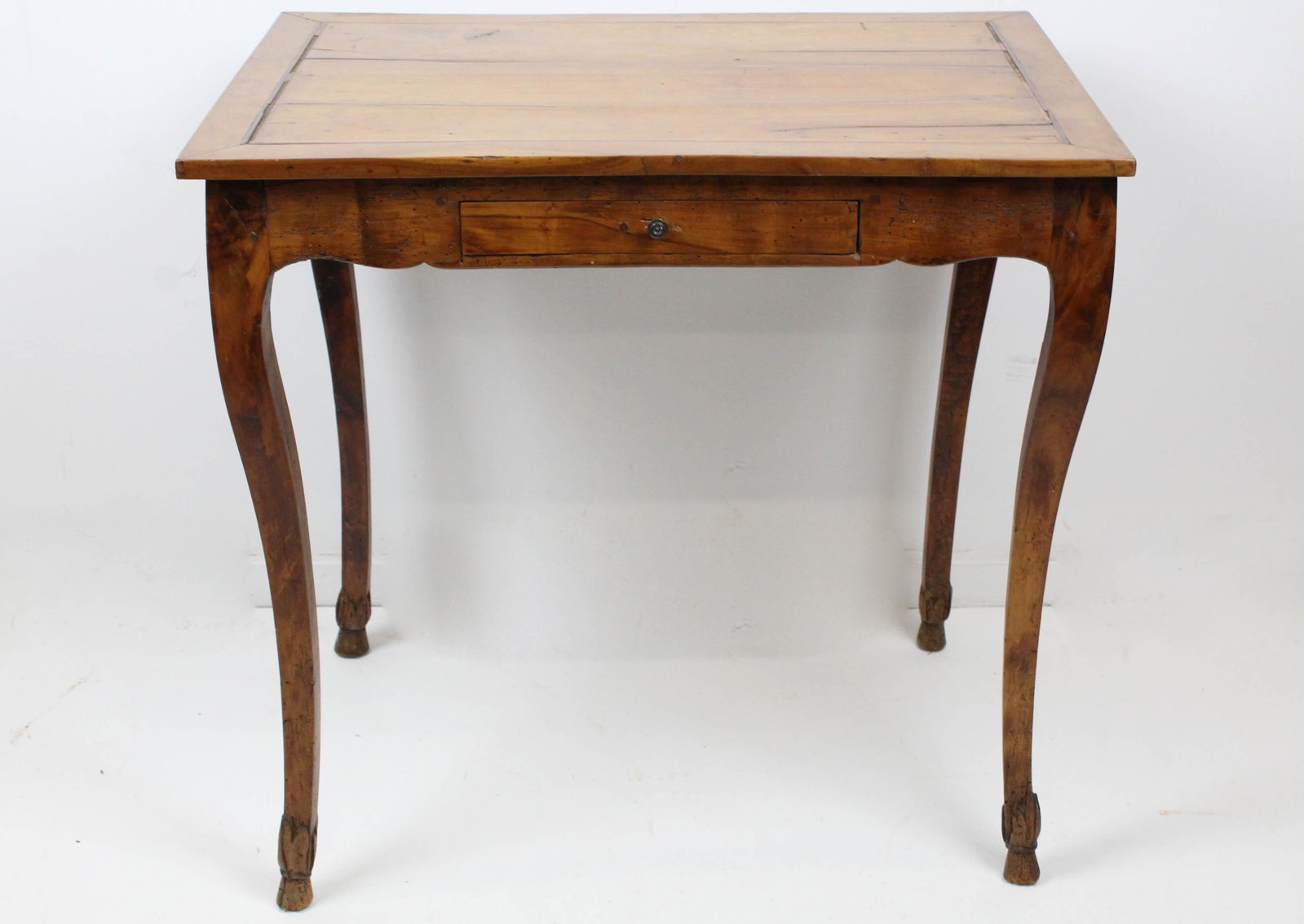 18th c. French Louis XV Hoof Foot Dressing Table: 18th c. French Louis XV cherry one drawer dressing table with inlaid lift top revealing period silvered mirror glass and papered storage compartment, on delicate cabriole legs terminating in carved ho