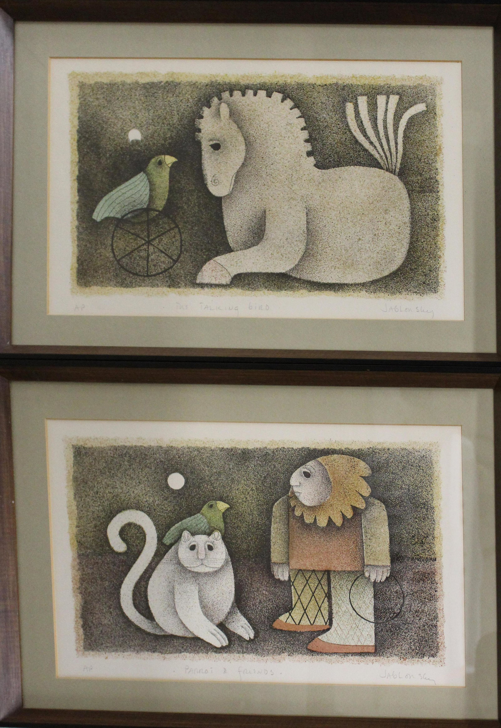 Carol Jablonsky (AM 1939-1992) Two Prints: Carol Jablonsky (American 1939-1992) "Parrot and Friends" and "The Talking Bird" lithographs signed lower right each marked as AP 9 x 15"