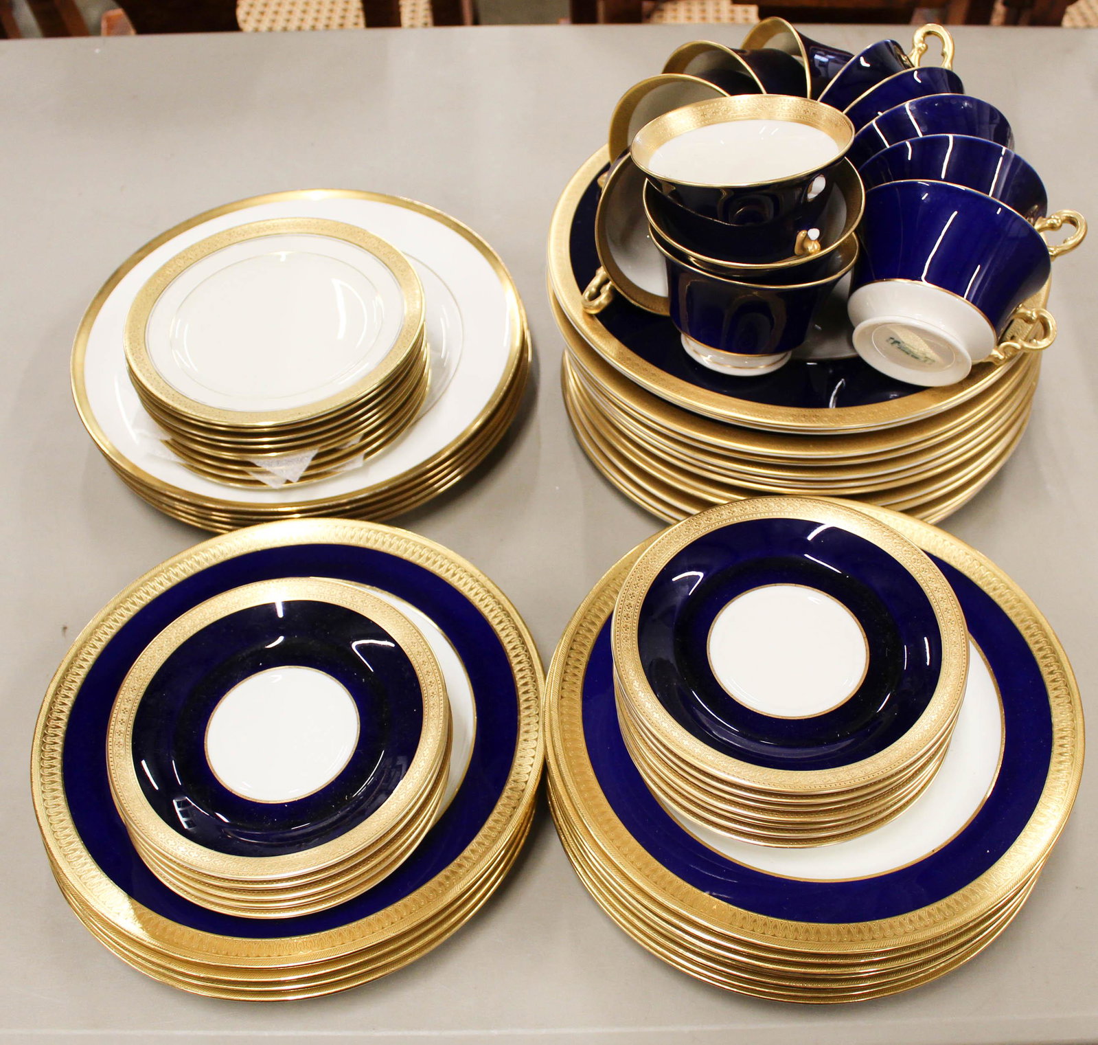 Old Ivory and Minton Cobalt Gold Band China: Assembled set of Old Ivory and Minton Cobalt Gold Band China, with other gold band china-some with damage