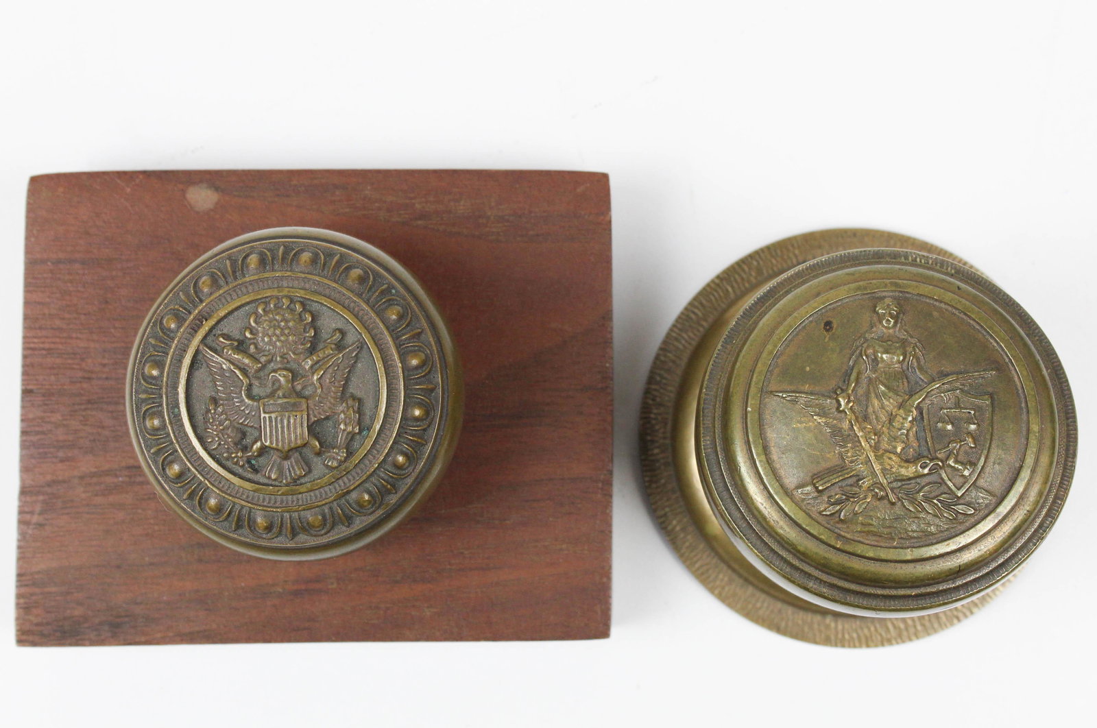 Presidential Seal, Liberty Brass Doorknobs: Two antique cast bronze/ brass doorknobs, including the Presidential Seal, Liberty with eagle & shield (bent), diameters 2 1/4" to 2 1/2"