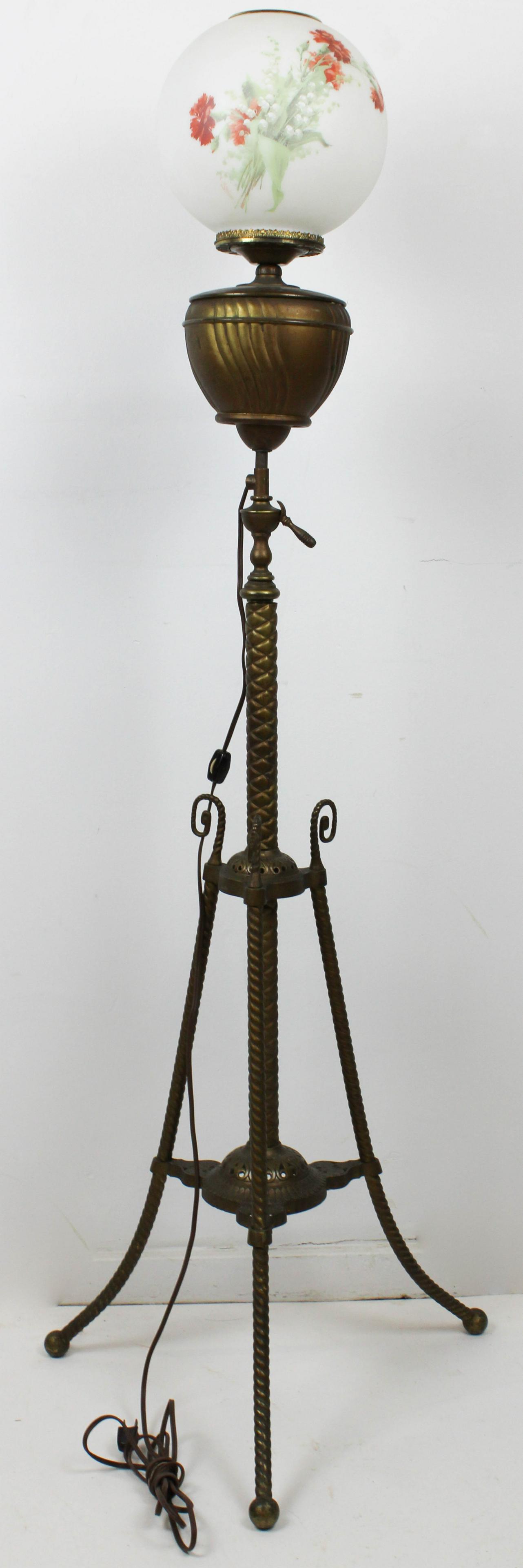 Victorian Brass Organ Lamp Floor Lamp: Victorian brass organ/ floor lamp, overall ht 55 1/2". Globe shown for illustrative purposes only, not included with lot.