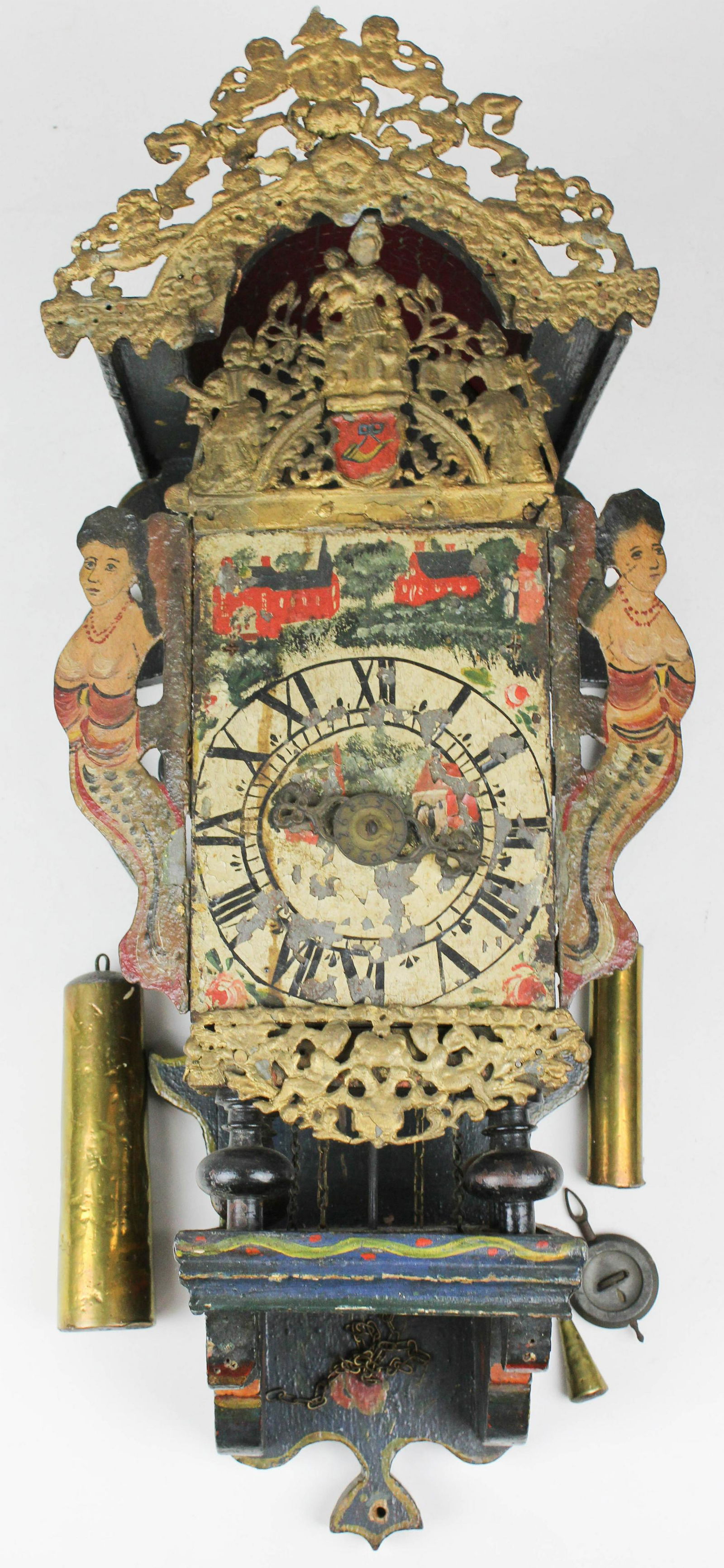 19th c Continental Wag On The Wall Clock: 19th c Continental wag on the wall clock, brass works, wood, cast metal, sheet tin, overall ht 24 1/2", flaking paint, over painted elements