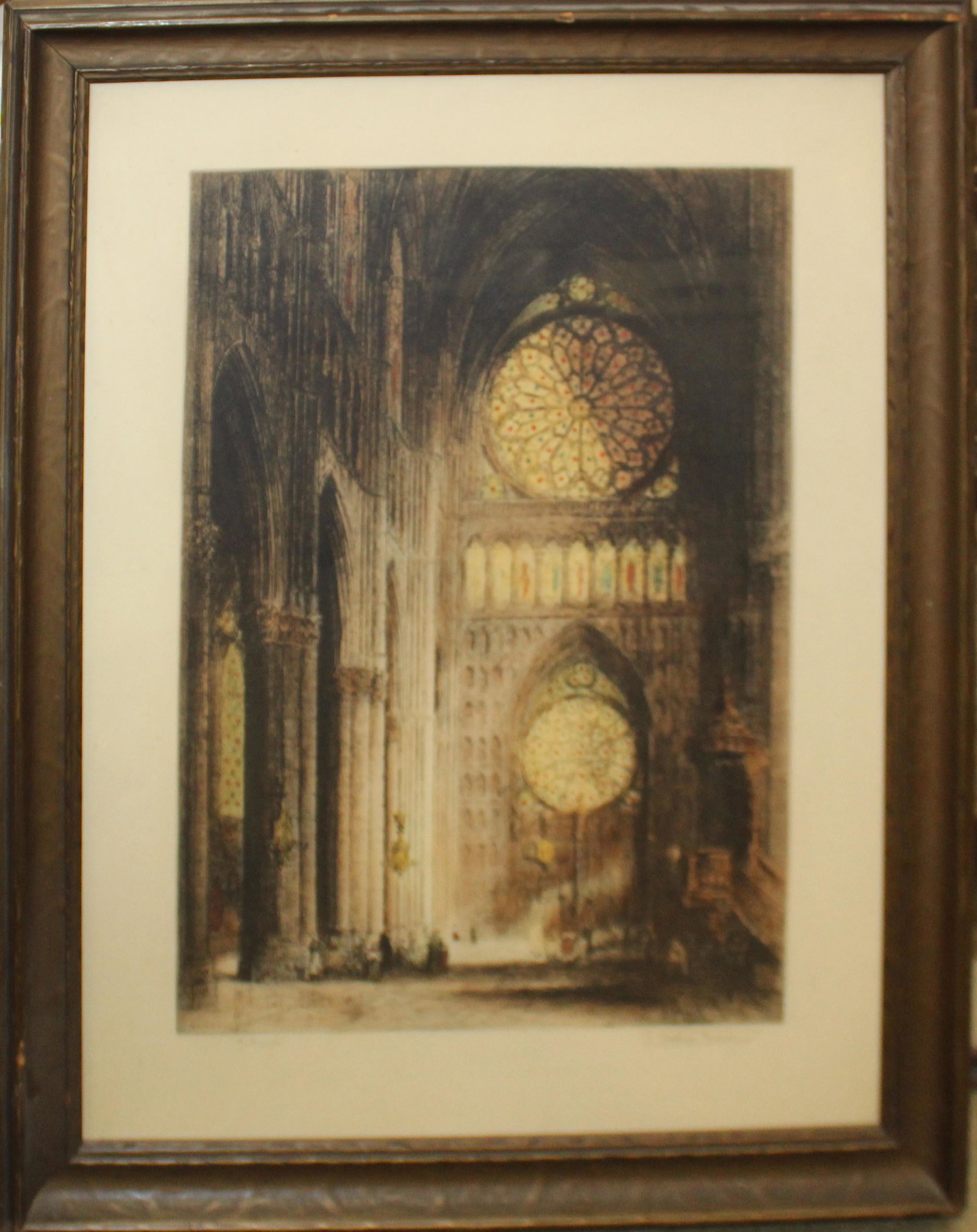 Two Architectural prints: Cluny by Lucy Garnot dated 1925 editioned 96/300 plate 24 x 18" - J Alphonse Brewer- Interior view of Notre Dame De Reims 19 x 14"