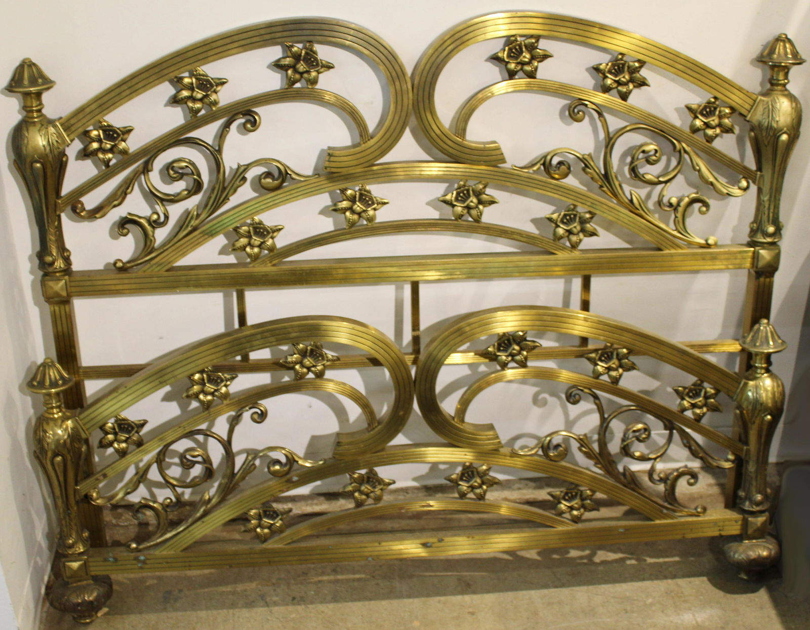 Elaborate Art Nouveau Style Brass Bed: Elaborate Art Nouveau style full size brass bed with ribbed tubular frame and floral cast brass filigree 43" x 54"