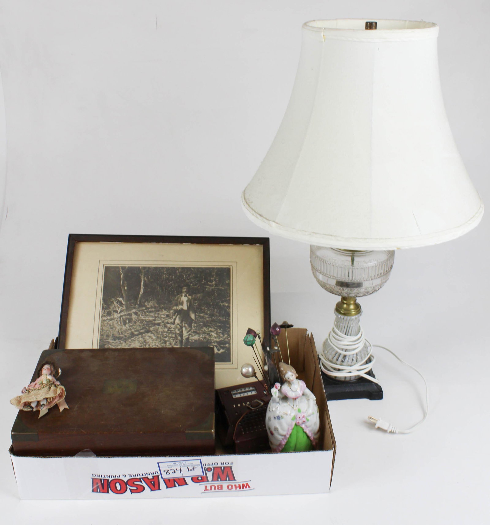 Humidor, Lamp, Photo, Doll, Hat pins: Humidor bound in brass, opalescent swirl table lamp, photo with Elbert Hubbard quote, small bisque doll, hat pins, etc