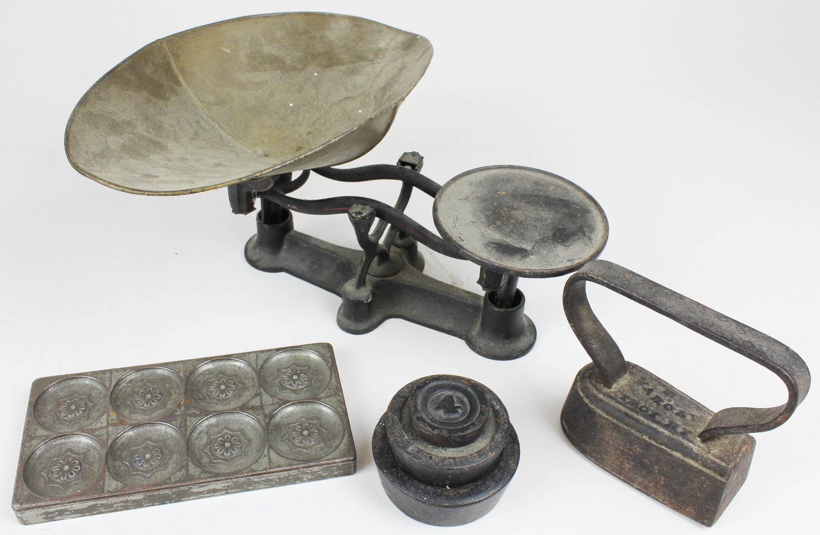 Early Cast Iron Scale, Early Troy, NY Iron: Early cast iron scale , weights, chocolate mold, Mahoney Troy, NY sad iron
