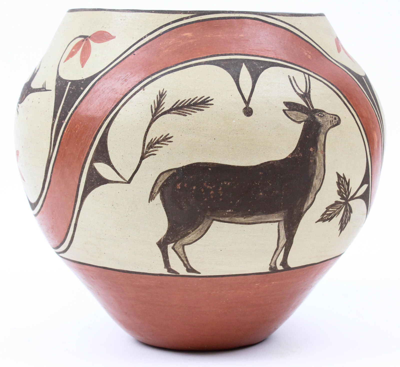 Candelaria Gachupin Zia Pueblo Olla: Outstanding Candelaria Gachupin (1908- 1997 pencil signed Zia Pueblo polychrome olla, decorated with deer & roadrunners, diameter 10 1/2", ht 9"