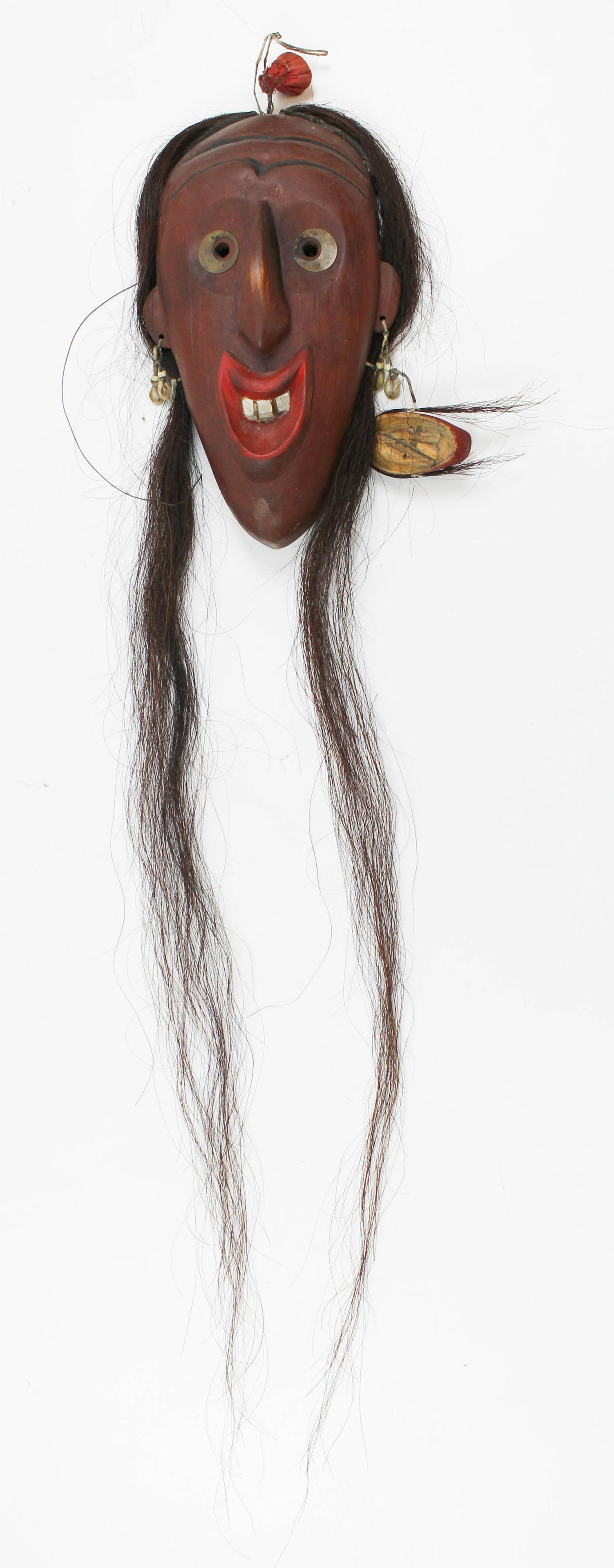 Iroquois False Face Wooden Mask: Iroquois false face carved wooden mask, real hair, copper eyes, ht 12"
