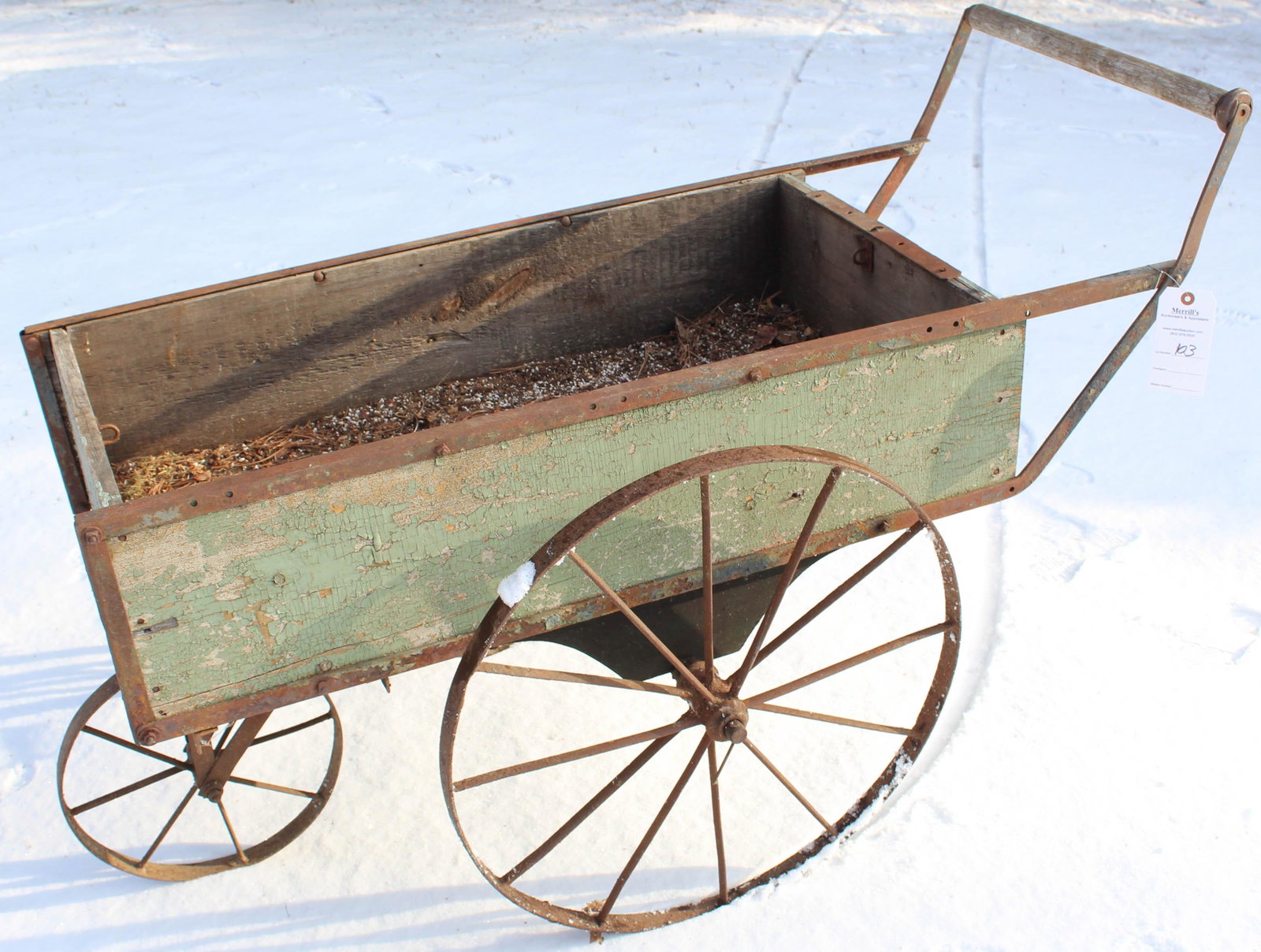Three Wheeled Cart: early 20th c three wheeled cart, wooden with steel wheels, overall length 55" (local pick-up advised)