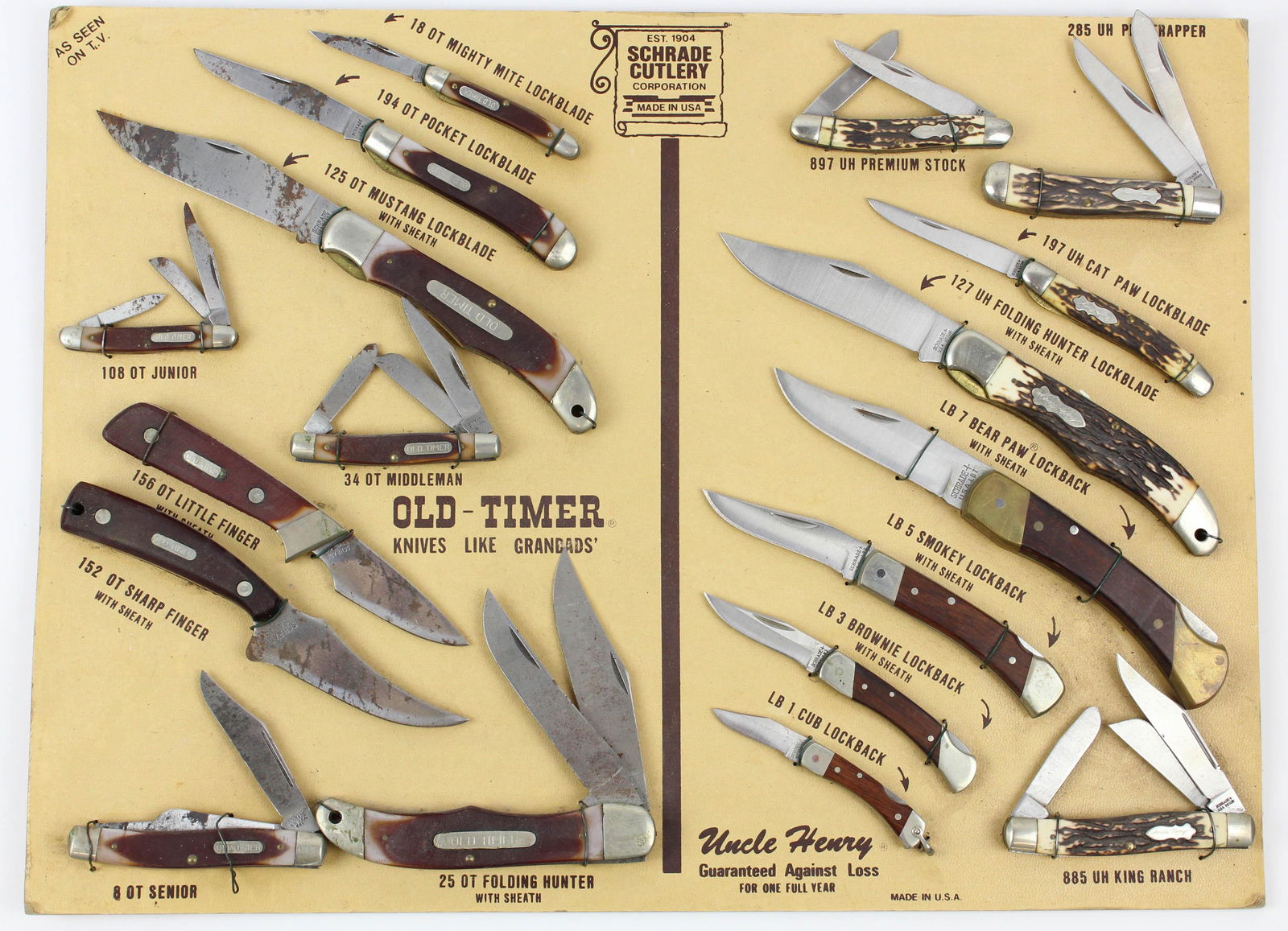 Schrade Cutlery Old Timer Store Display: vintage Schrade Cutlery Old Timer/ Uncle henry store display of folding knives, (18 pcs), on fiberboard, 14 1/4" x 19 1/4"