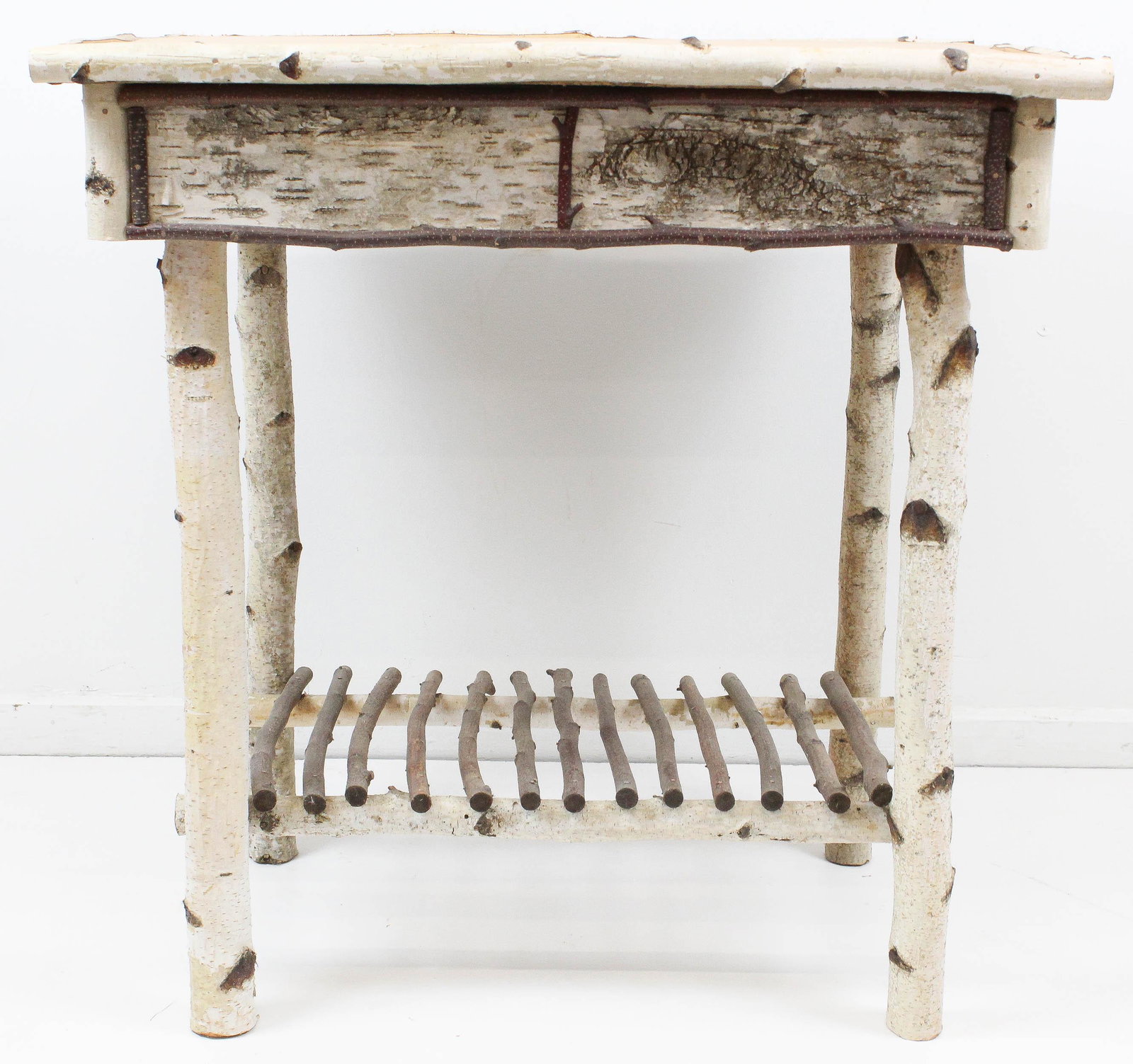 Contemporary Birch Bark Twig End Table: Late 20th c. contemporary artisan made birch bark covered end table with pine top, hickory twig accents and lower shelf 29" x 28" x 19.5"