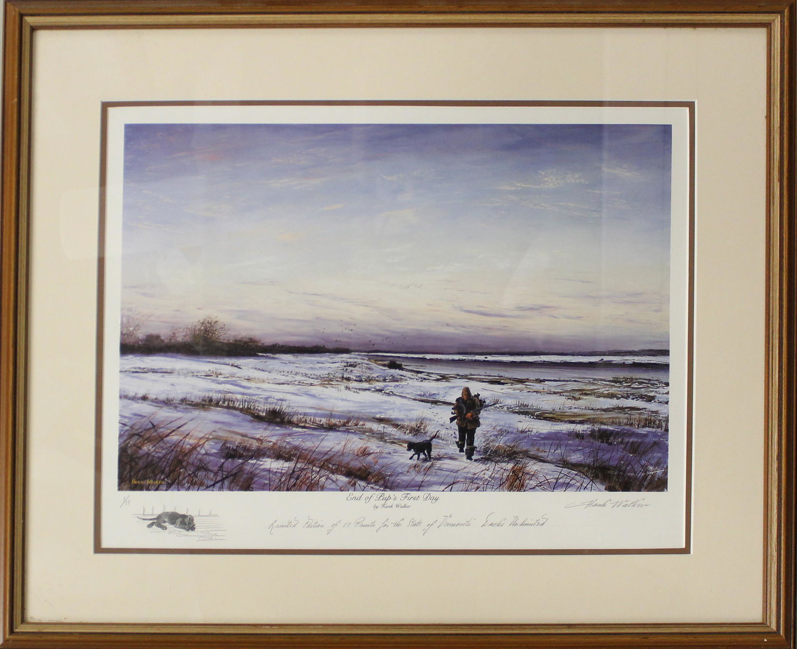 Hank Walker "End of Pup's First Day": Hank Walker (American 1919-1995) "End of Pup's First Day" limited edition offset lithograph with hand drawn vignette of black lab- editioned 1/17 "A limited Edition of 17 prints for the State of Vermo