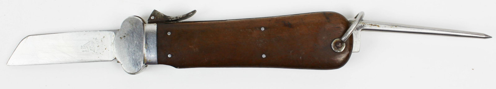 "Fallschirmjager" Gravity Knife: Luftwaffe "fallschirmjager" (paratrooper) gravity knife, the blade marked by manufacturer SMF with correct acceptance marking to the marlinspike. The tip of the blade has been ground down to a sheep's