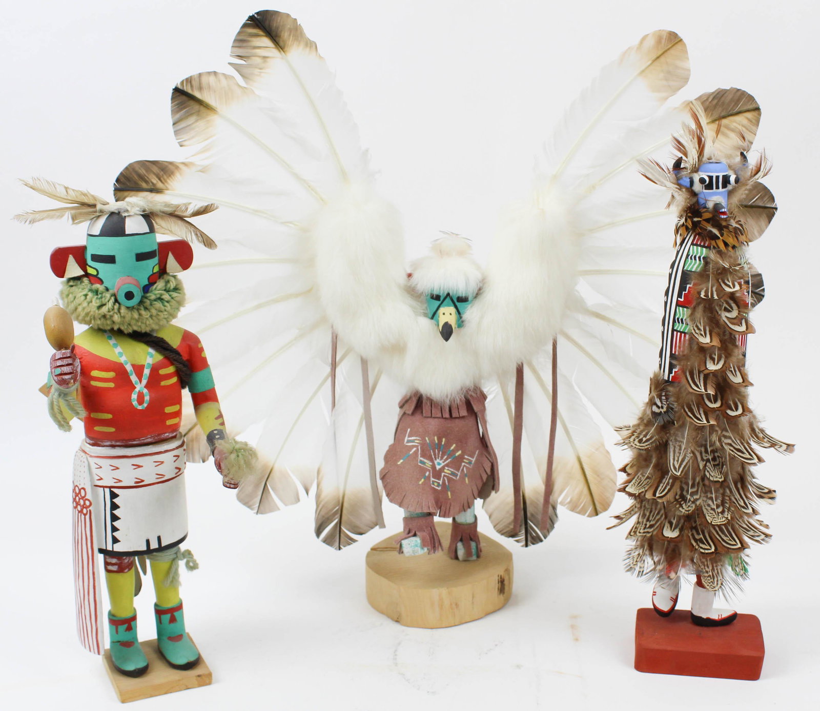 3 Native American Kachina Dolls: 3 Native American Kachina dolls- Eagle kachina by Victor Begay, Corn kachina by Wallace Tewa, kachina by Raphael Sarracino (foot repaired), hts 12 1/2" to 17"