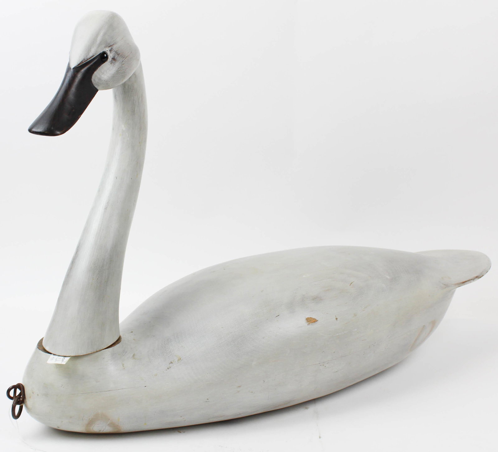 Swan Decoy by R E Jacobson: Swan decoy by R E Jacobson Pasadena, California. Initialed. Marked "34 Widgeon" stamped bottom with weight. Purchased from Julia & Guyette April 1991. 32" long 20" high. Glass eyes. Two part body.